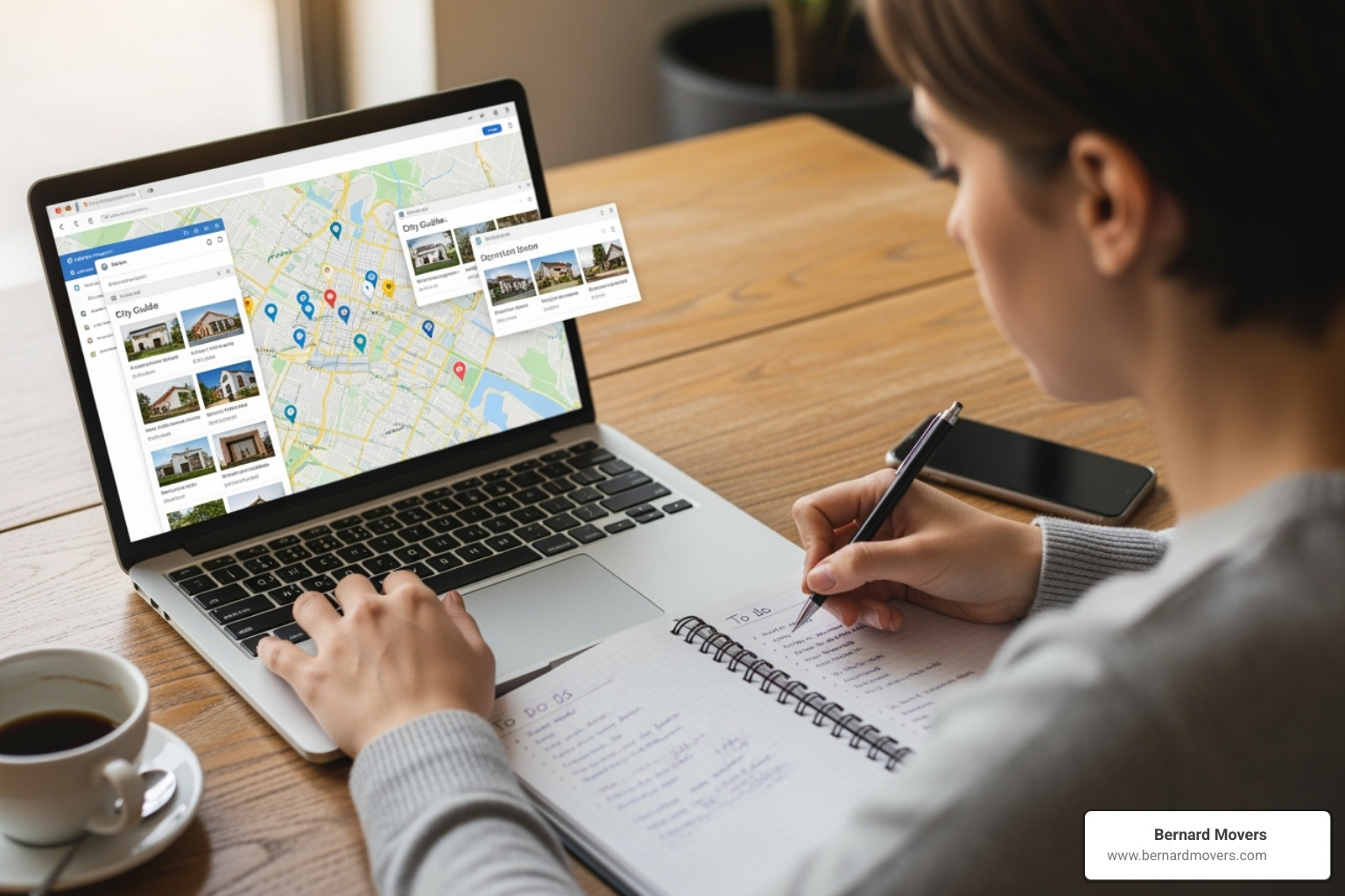 A person researching on a laptop with maps and city guides visible - if i move to a different state