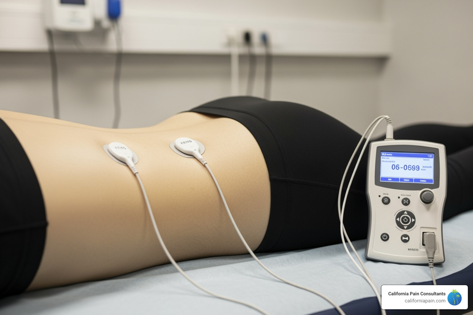 TENS unit being applied to a patient's lower back - pain management physical therapy