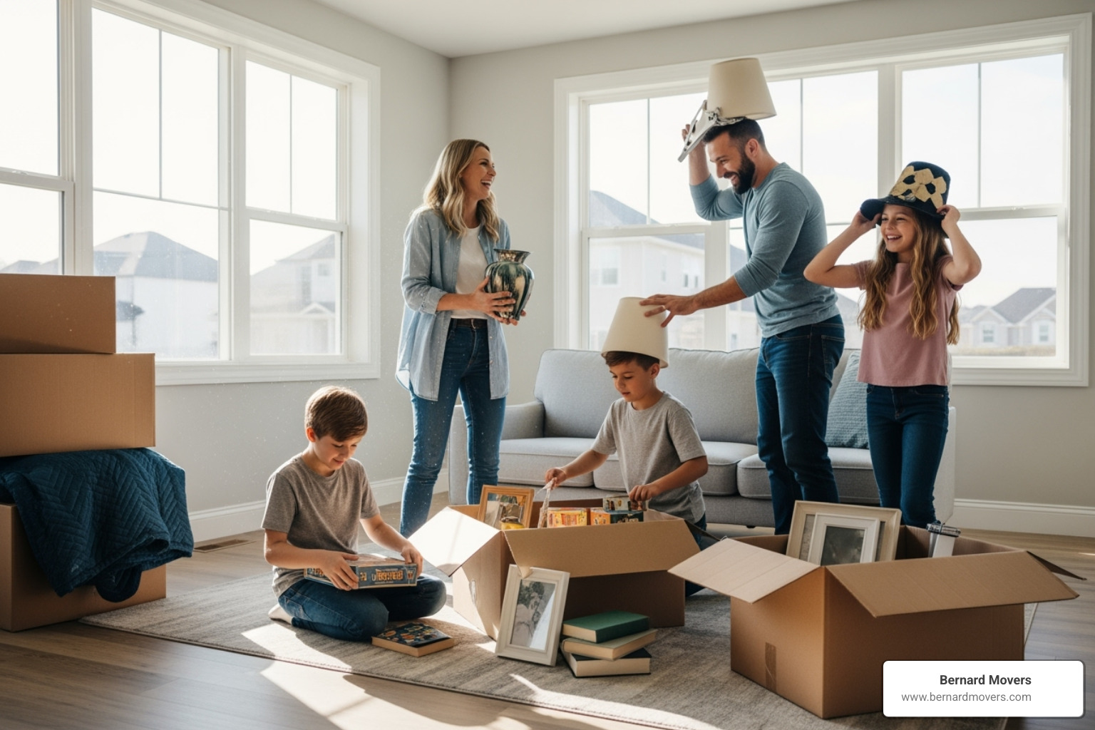 A family unpacking boxes and laughing in their new living room - if i move to a different state