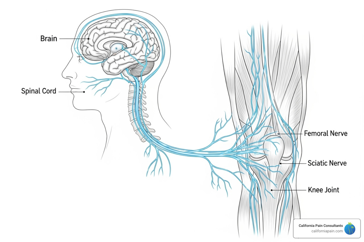 illustrating the connection between the brain, nerves, and a painful area like the knee - pain management physical therapy