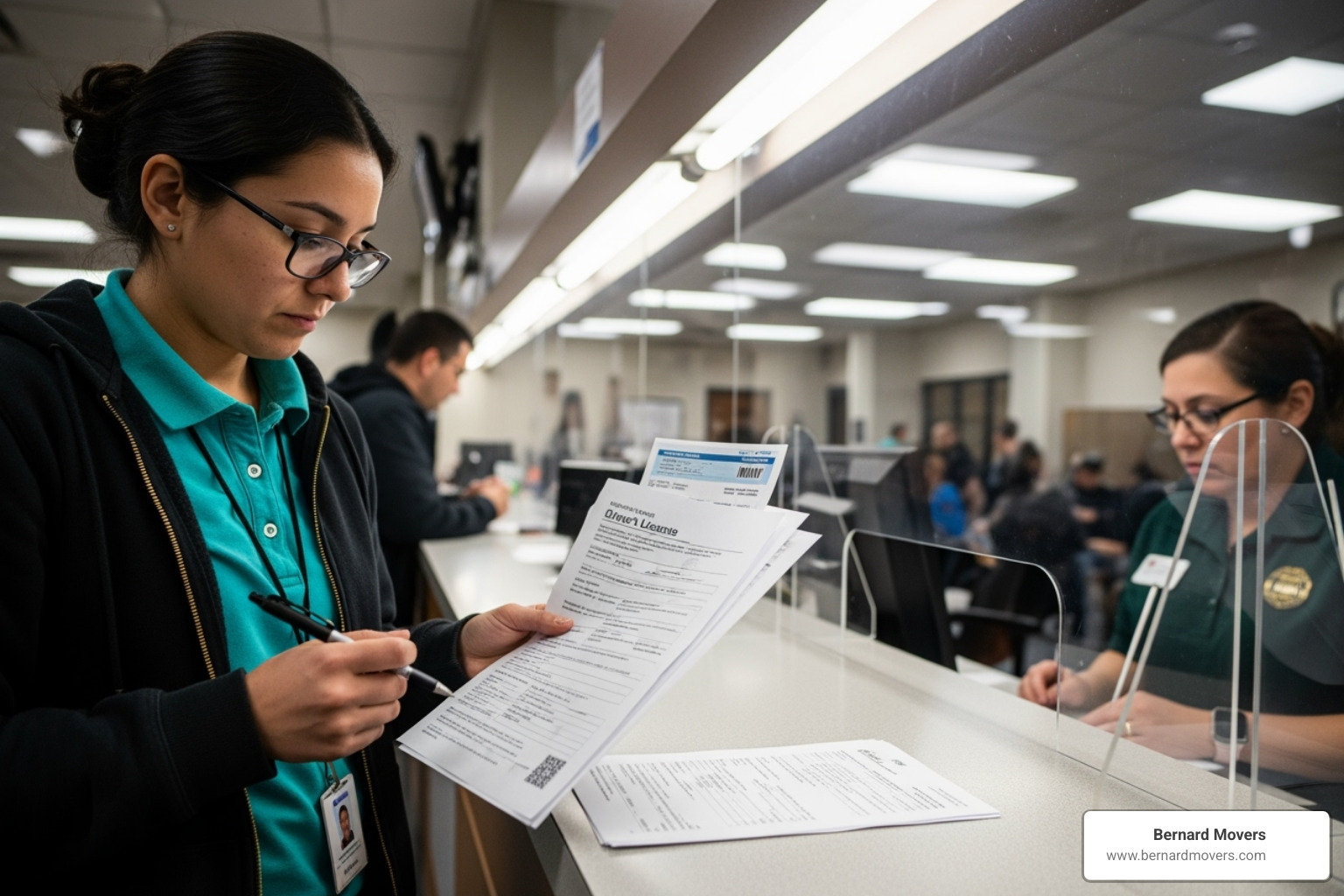 A person at a DMV counter holding documents - if i move to a different state
