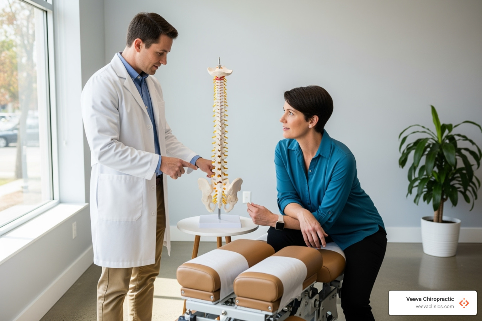 chiropractor explaining spinal model - how long should i go to chiropractor after accident