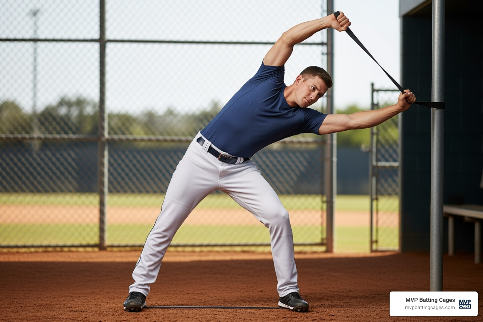 a pitcher performing a dynamic arm stretch with a resistance band - baseball pitching arm care