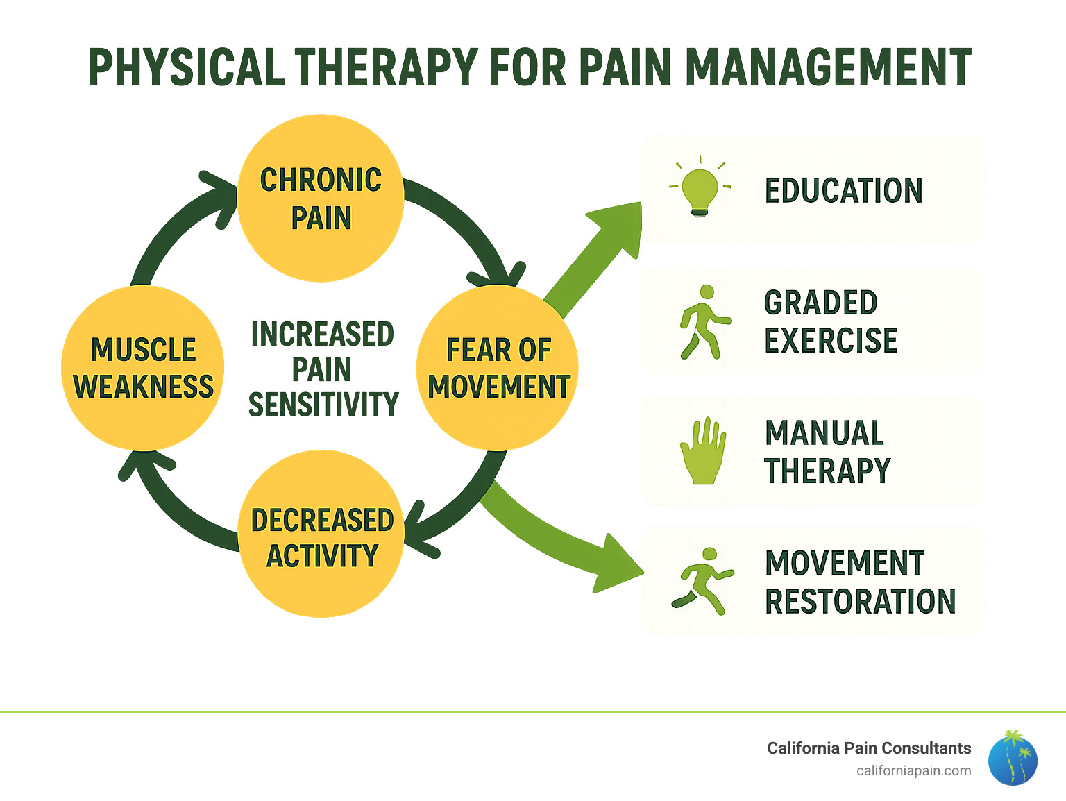 Infographic showing the cycle of chronic pain, fear of movement, decreased activity, muscle weakness, and increased pain sensitivity, with physical therapy interventions breaking this cycle through education, graded exercise, manual therapy, and movement restoration - pain management physical therapy infographic 
