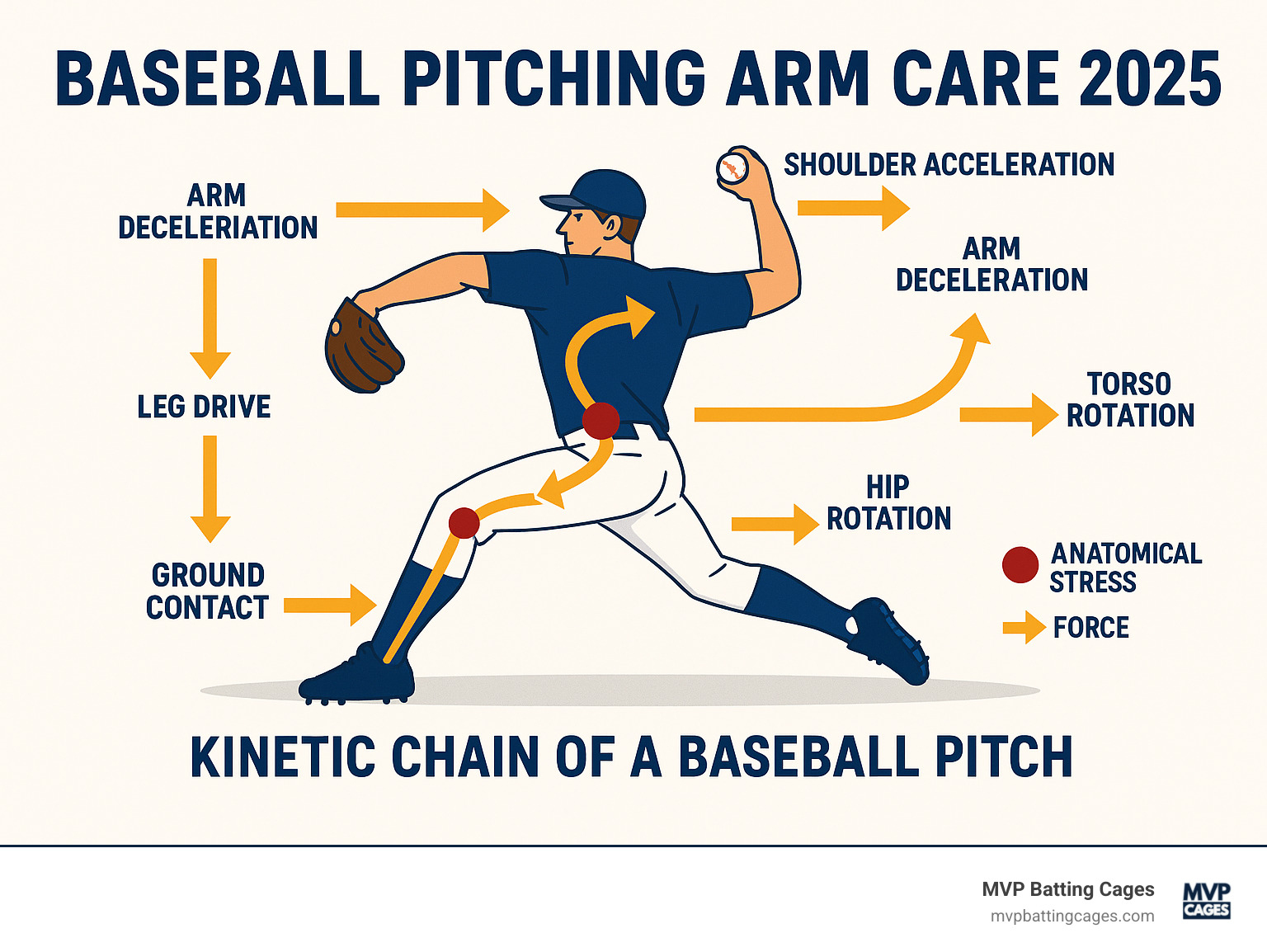 Infographic showing the kinetic chain of a baseball pitch from ground contact through leg drive, hip rotation, torso rotation, shoulder acceleration, and arm deceleration with force arrows and anatomical stress points highlighted - baseball pitching arm care infographic 