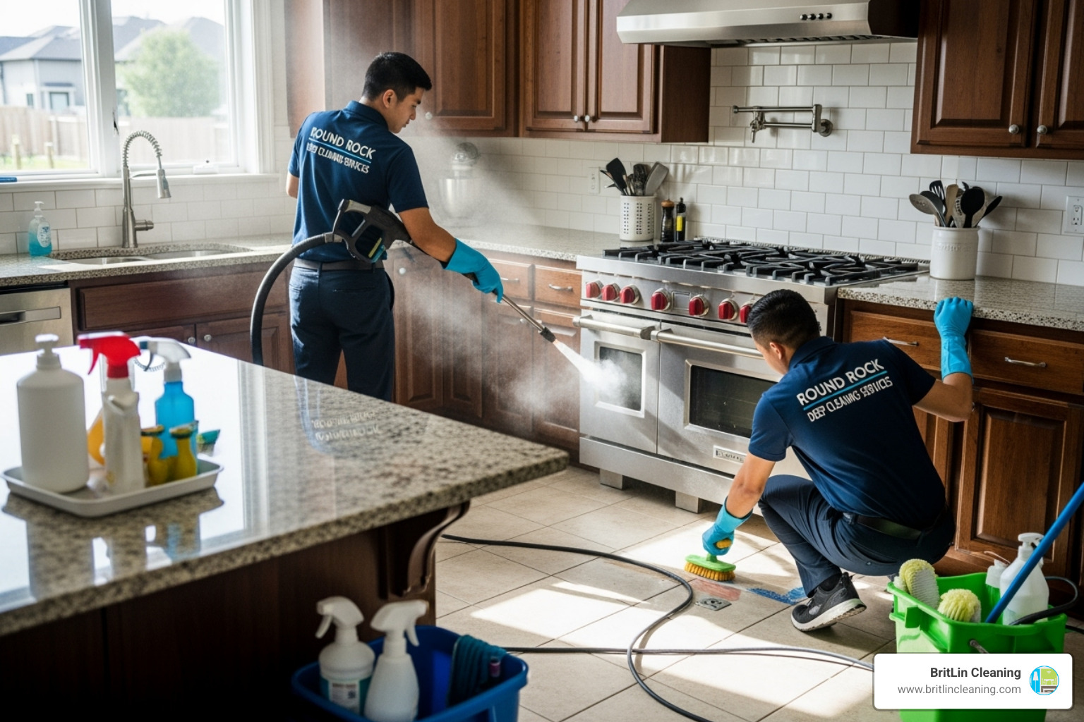 Professional cleaner smiling while wiping surface - deep cleaning services round rock