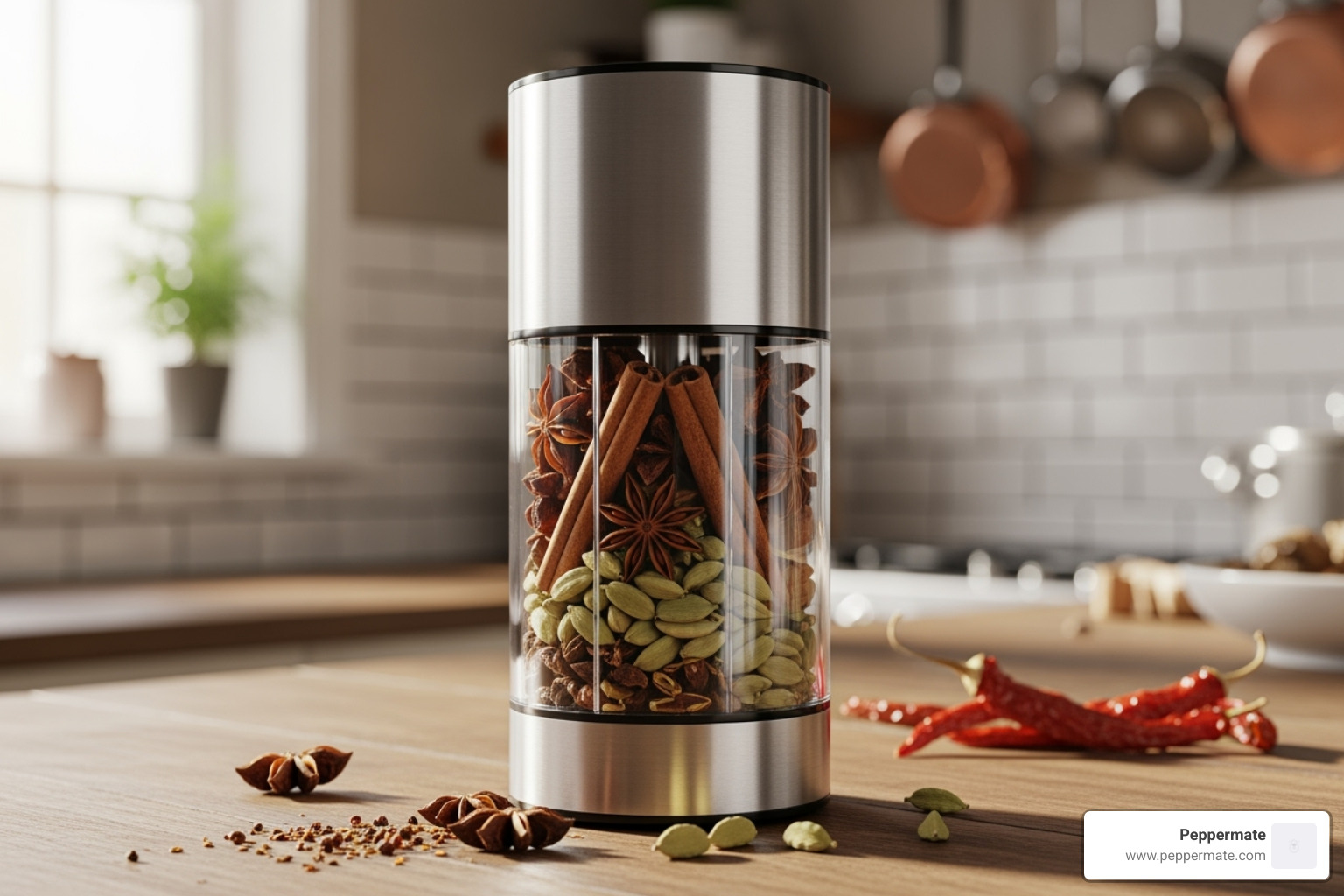 Peppermate spice grinder with whole spices - gourmet seasoning salt