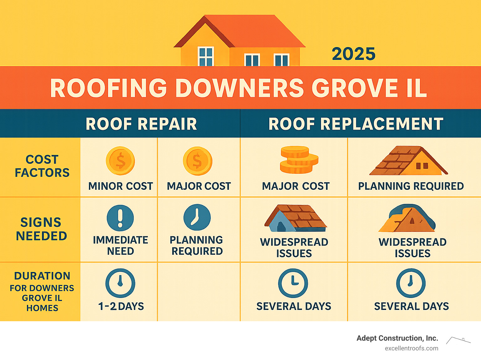 Infographic showing key differences between roof repair and roof replacement, including cost factors, timeline expectations, signs that indicate each service is needed, and typical project duration for Downers Grove IL homes - roofing downers grove il infographic 