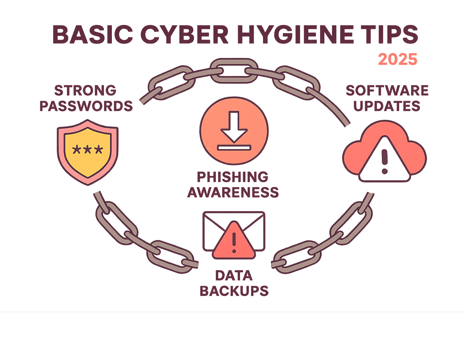 Infographic showing the four core pillars of cyber hygiene: Strong Passwords with a shield icon, Software Updates with a download arrow, Phishing Awareness with an email warning symbol, and Data Backups with cloud storage icons, all connected by security chains - basic cyber hygiene tips infographic 