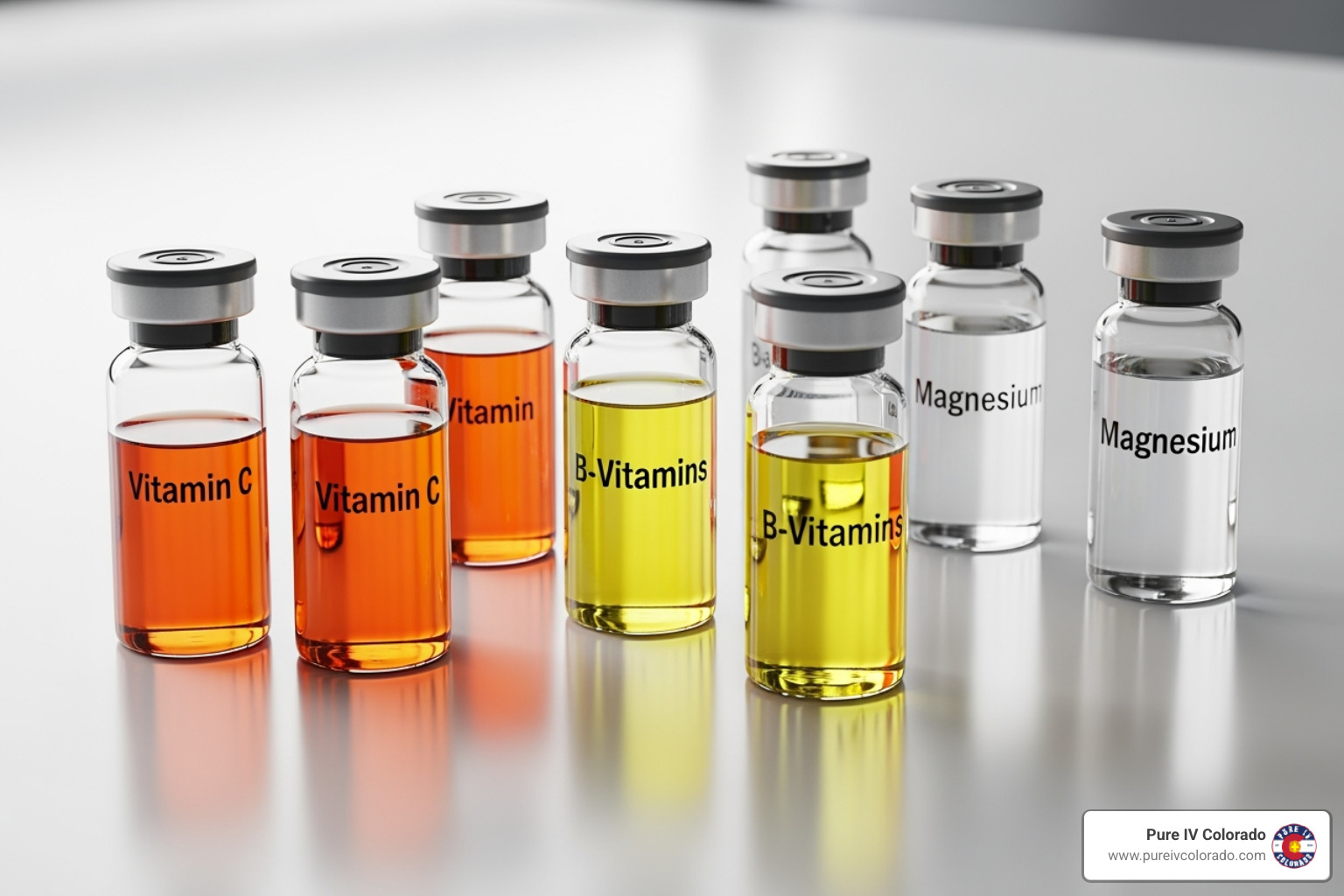 Vials of Myers Cocktail ingredients: Vitamin C, B-Vitamins, Magnesium - does myers cocktail iv work