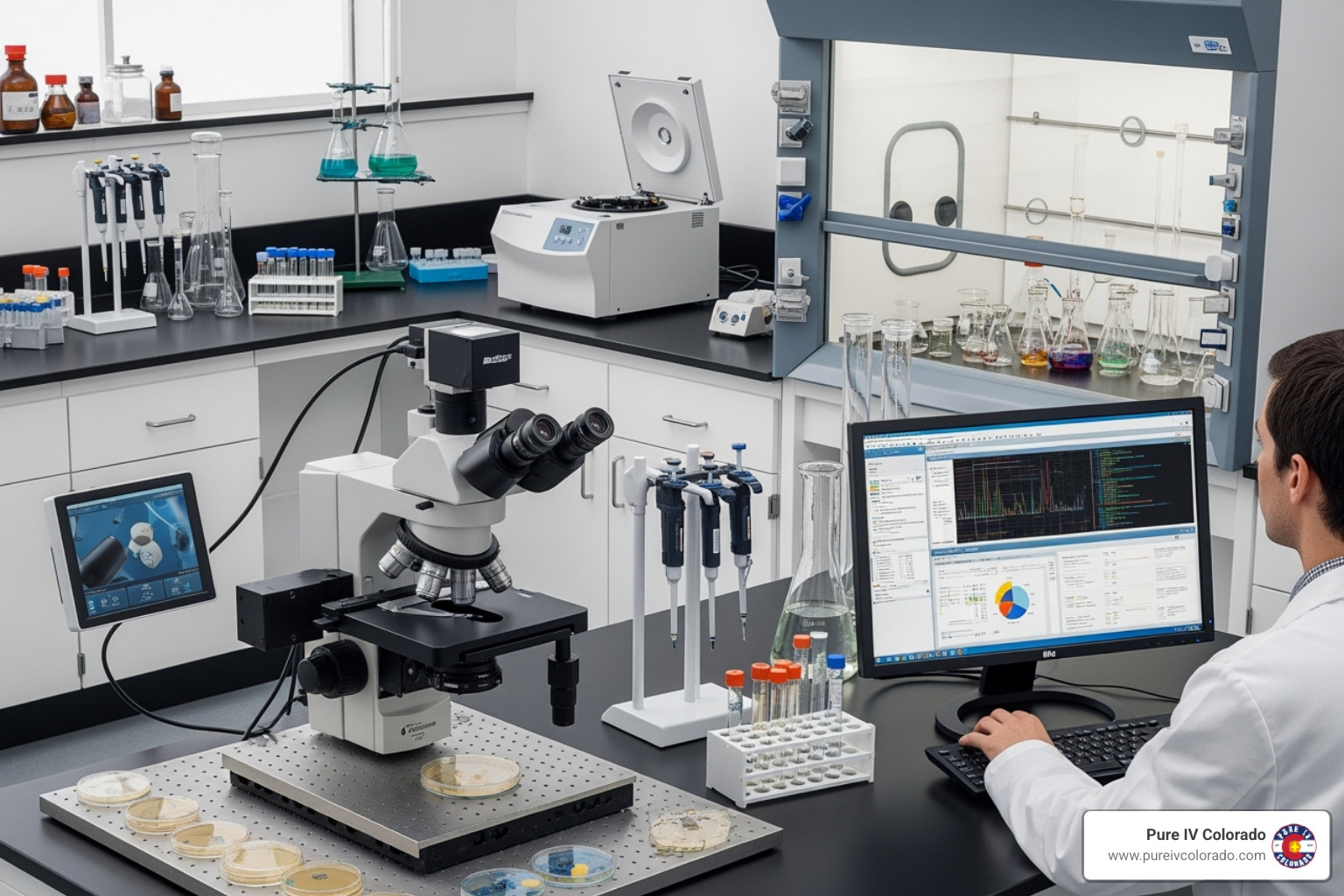 Scientific research setting with lab equipment and data analysis - does myers cocktail iv work