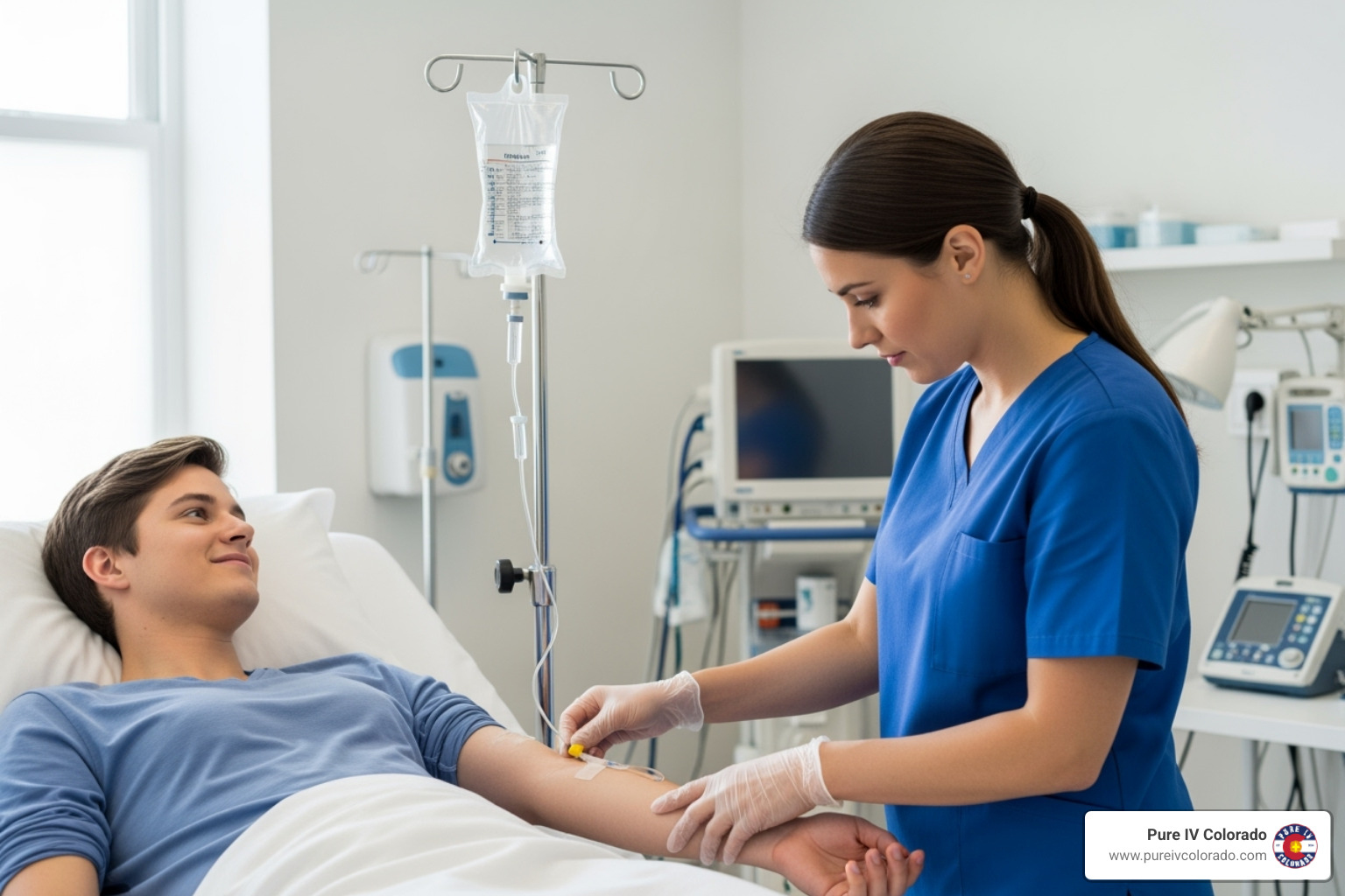 Registered nurse safely administering an IV drip to a patient - does myers cocktail iv work