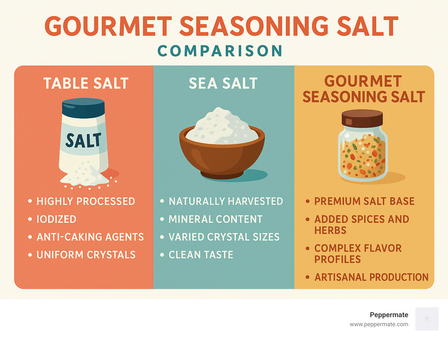 Infographic showing the differences between table salt (highly processed, iodized, anti-caking agents, uniform crystals), sea salt (naturally harvested, mineral content, varied crystal sizes, clean taste), and gourmet seasoning salt (premium salt base, added spices and herbs, complex flavor profiles, artisanal production methods) - gourmet seasoning salt infographic 