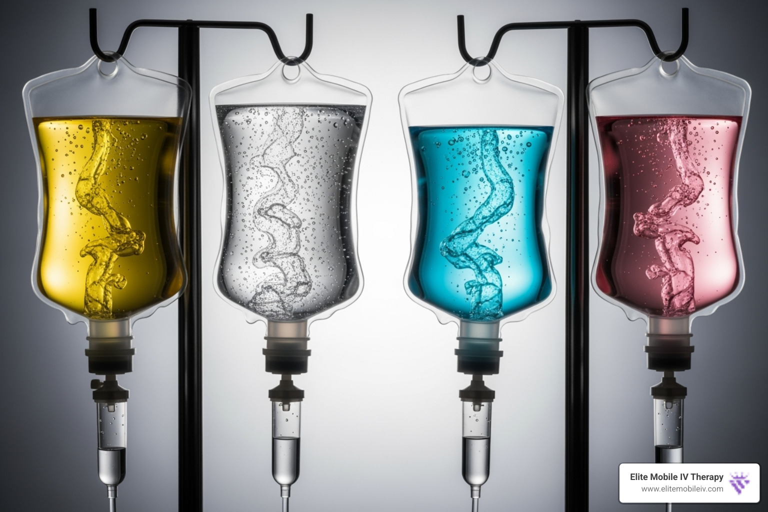 Different IV bags labeled with wellness goals like 'Energy', 'Immunity', and 'Hydration' - At home IV infusion
