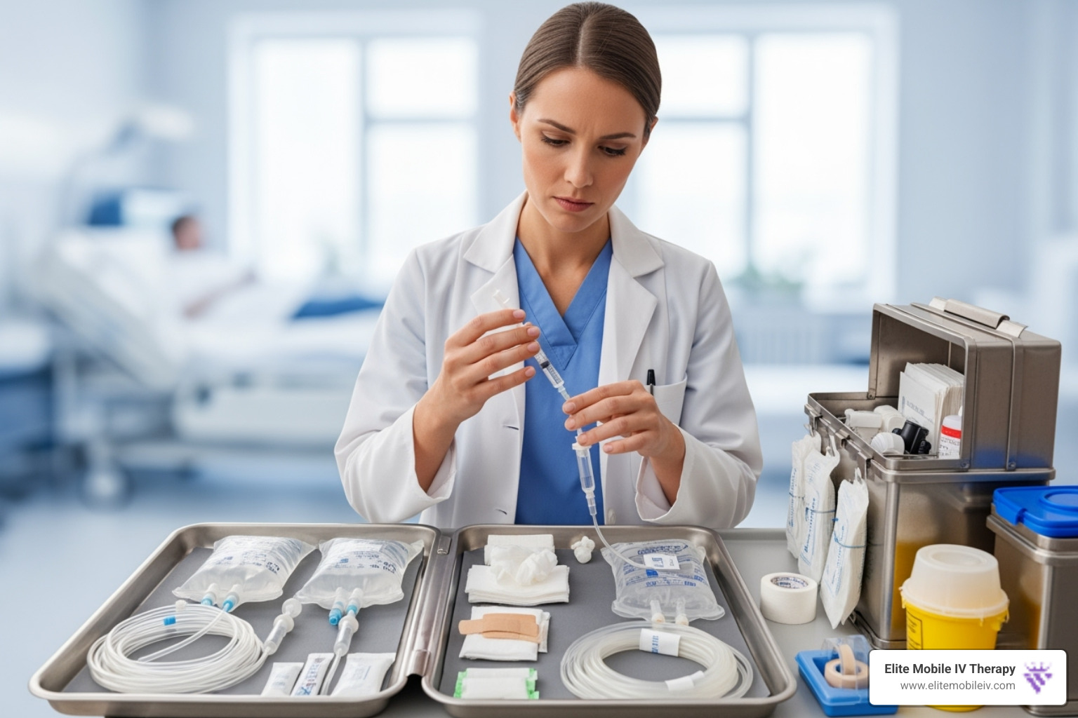 A registered nurse preparing an IV drip in a clean, organized kit - At home IV infusion