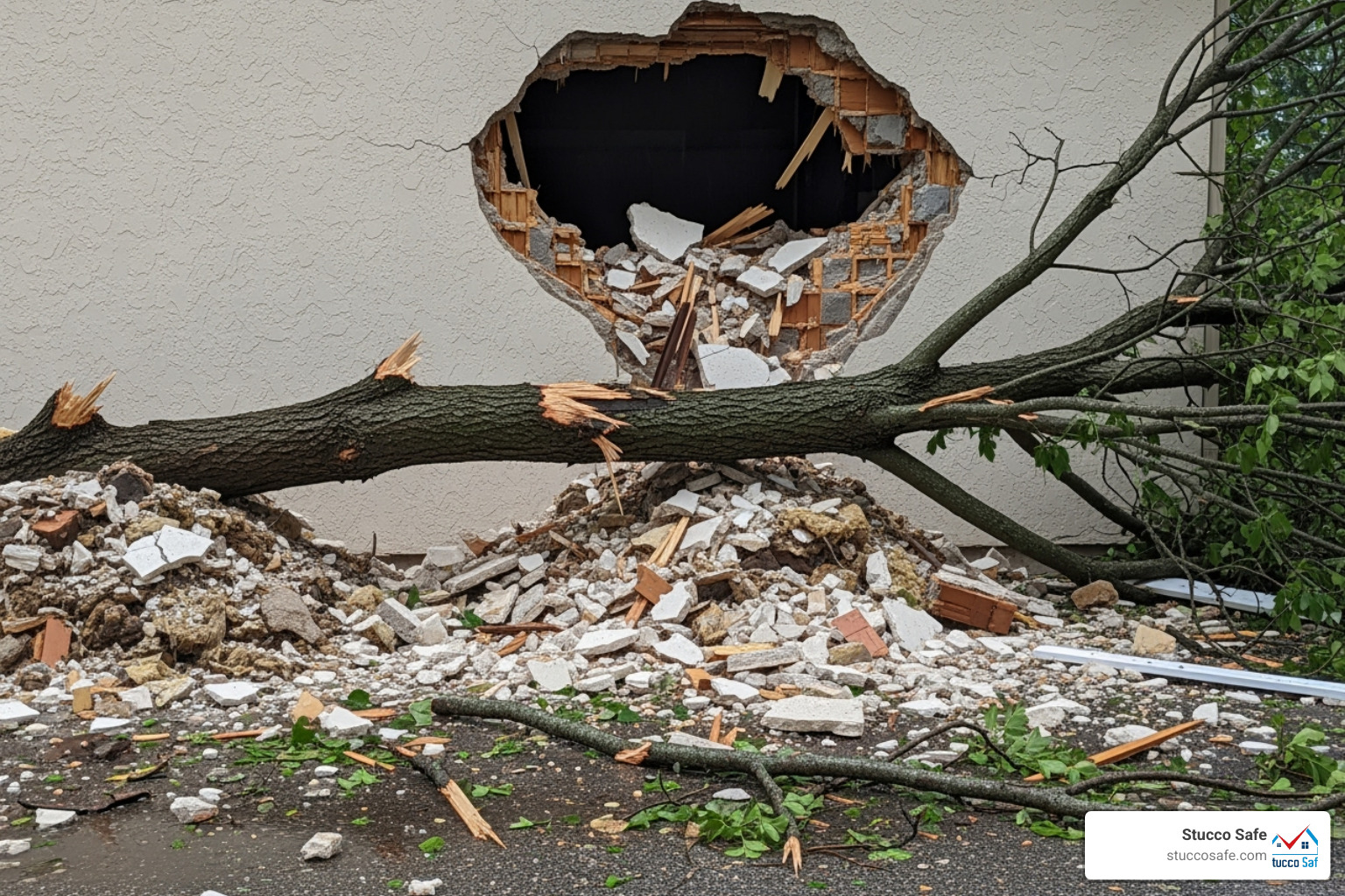 A stucco wall damaged by a fallen tree branch after a storm - do home warranties cover stucco