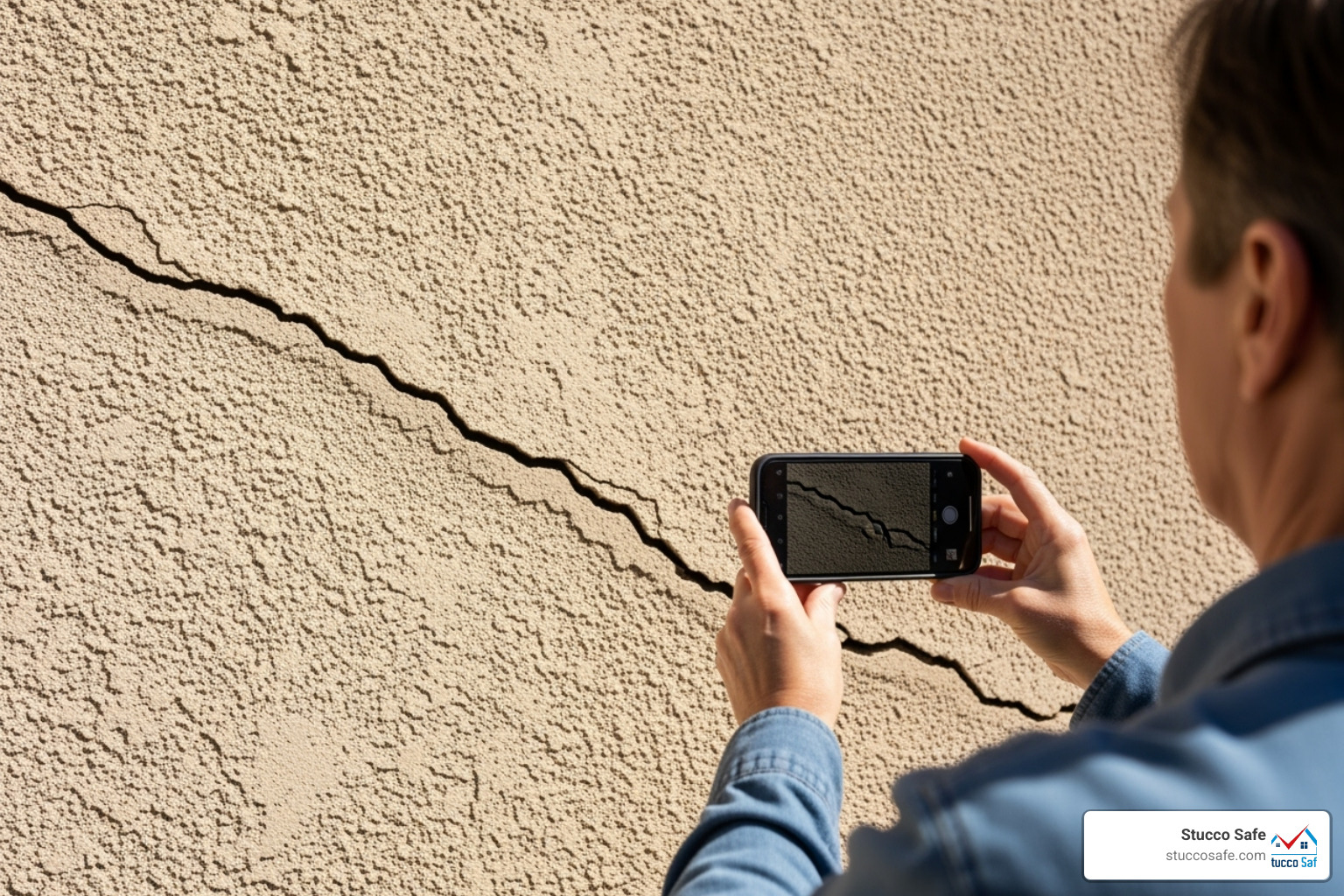 A homeowner taking a photo of a crack in their stucco wall with a smartphone - do home warranties cover stucco