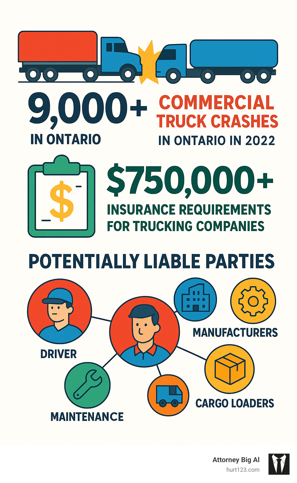 Infographic showing truck accident statistics including 9,000+ commercial truck crashes in Ontario in 2022, minimum $750,000 insurance requirements for trucking companies, and the complex web of potentially liable parties including drivers, trucking companies, manufacturers, cargo loaders, and maintenance providers - truck crash injury lawyer infographic 