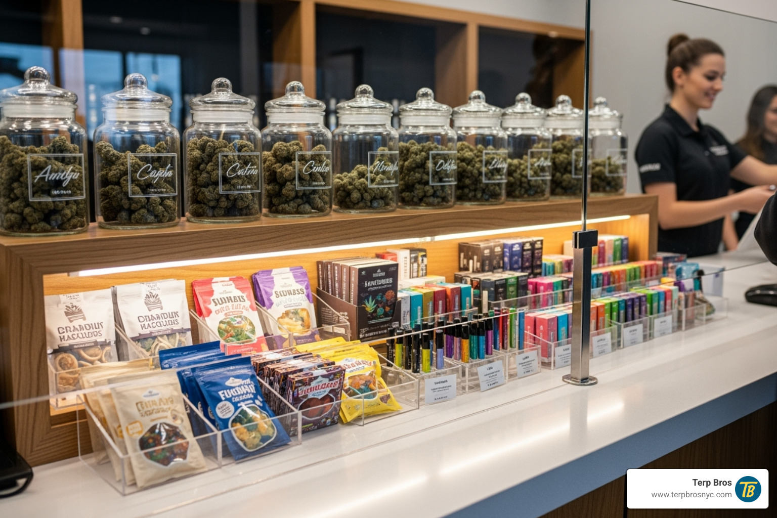 A clean, well-lit, modern dispensary counter with various cannabis products displayed behind glass. - dispensary in long island city
