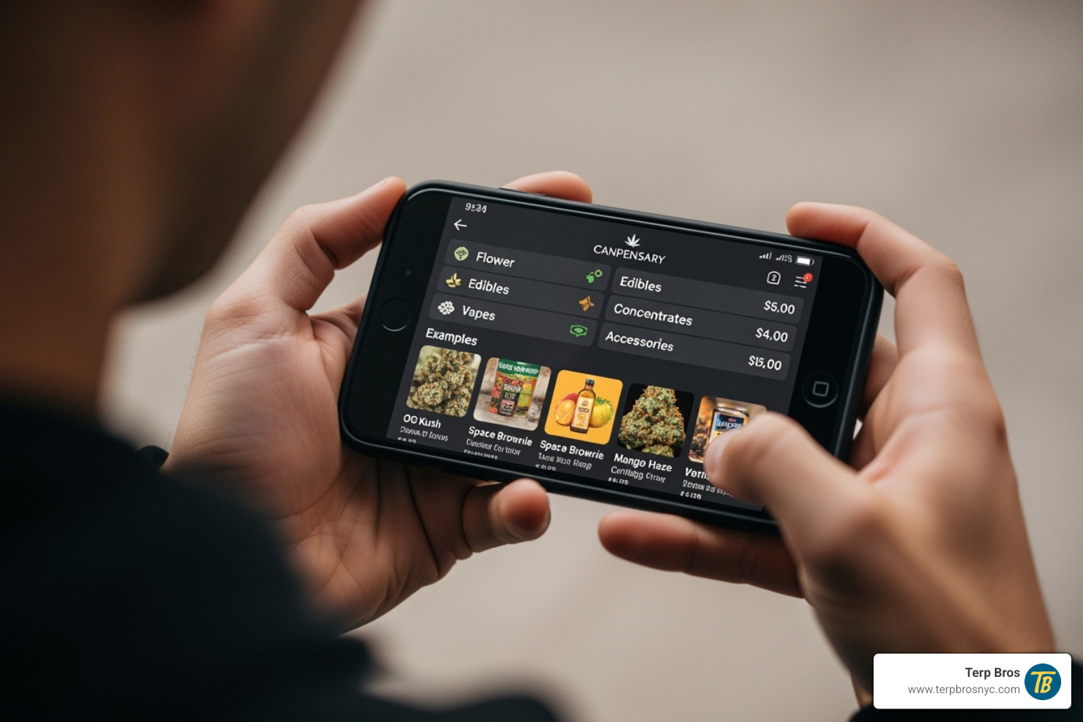 A person using a smartphone to browse a dispensary menu, showing various product categories. - dispensary in long island city