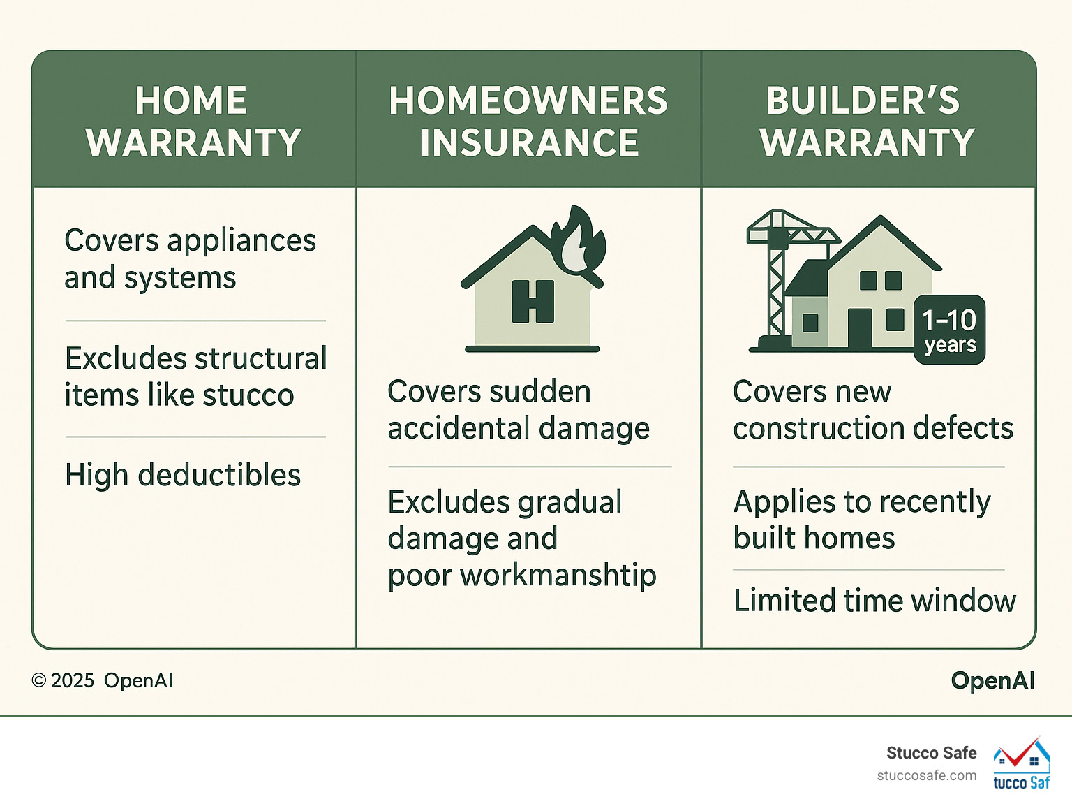 Infographic showing three columns comparing Home Warranty (covers appliances and systems, excludes structural items like stucco, high deductibles), Homeowners Insurance (covers sudden accidental damage like storms or fire, excludes gradual damage and poor workmanship), and Builder's Warranty (covers new construction defects for 1-10 years, only applies to recently built homes, limited time window) - do home warranties cover stucco infographic 