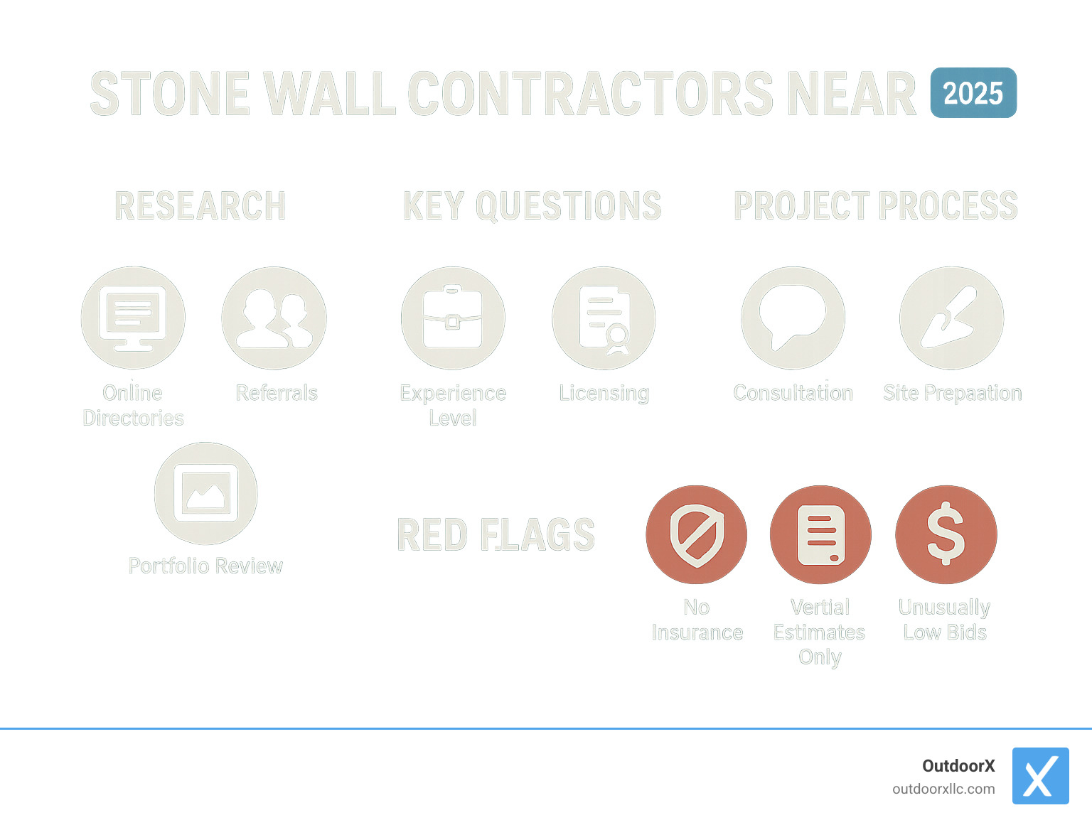 Infographic showing the complete stone wall contractor selection process, including research methods (online directories, referrals, portfolio review), key vetting questions (experience level, licensing, insurance coverage), project phases (consultation, site preparation, construction), and red flags to avoid (no insurance, verbal estimates only, unusually low bids) - stone wall contractors near me infographic 