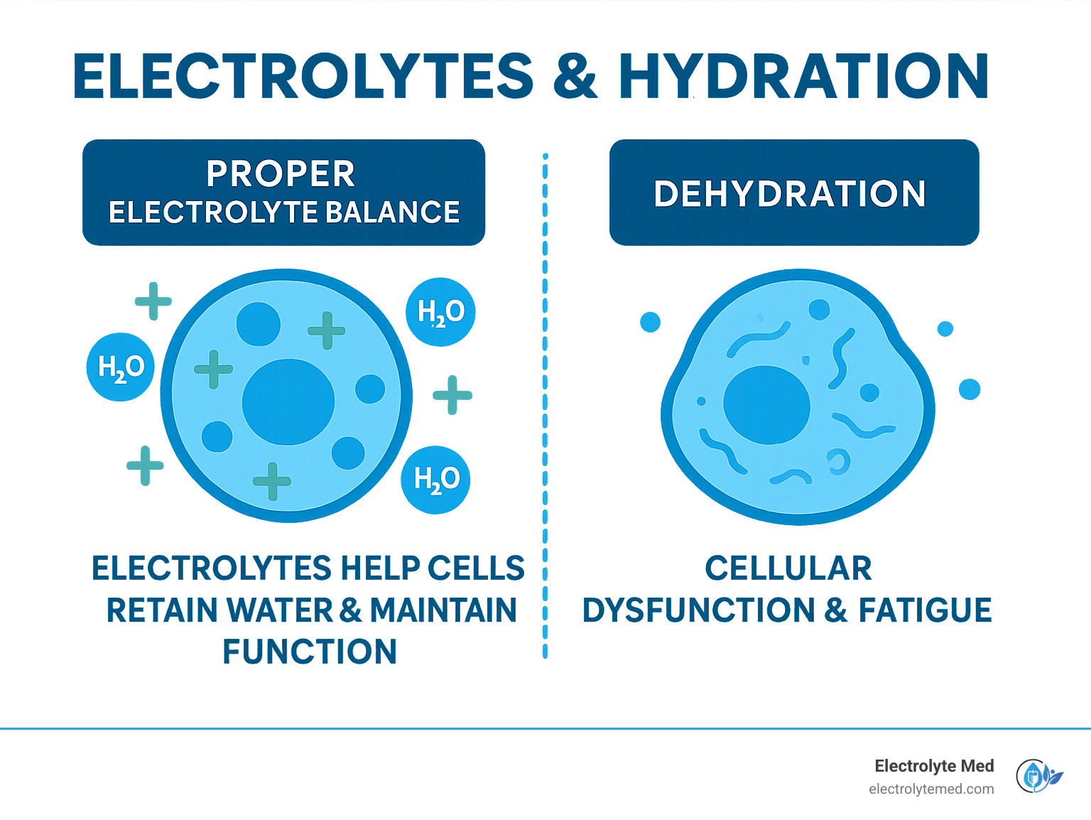 Infographic showing the difference between cellular hydration with proper electrolyte balance versus dehydration, illustrating how electrolytes help cells retain water and maintain proper function while dehydration leads to cellular dysfunction and fatigue - electrolyte iv infographic 