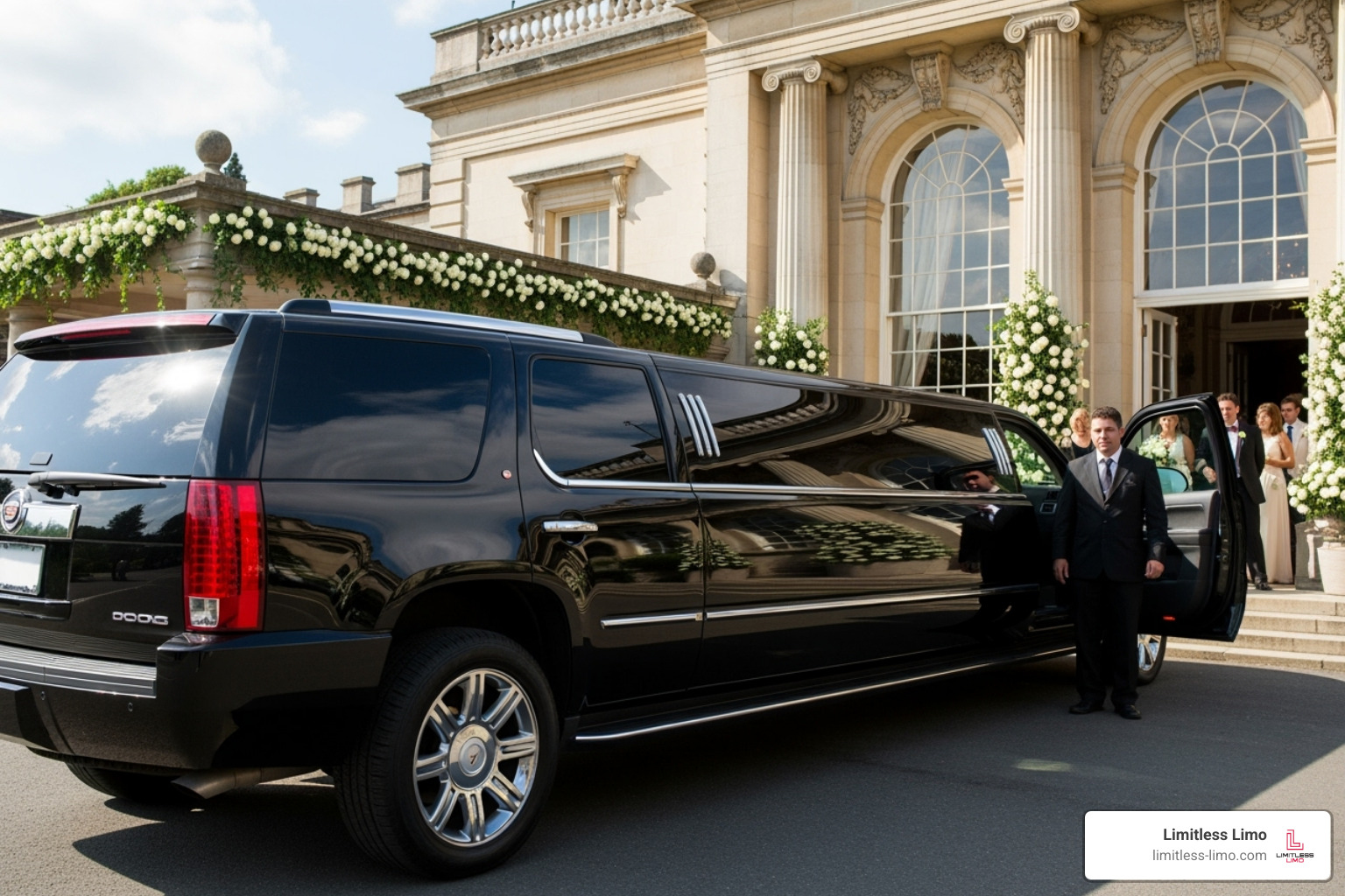 Cadillac Escalade Stretch Limo waiting outside a wedding venue - luxury car for marriage
