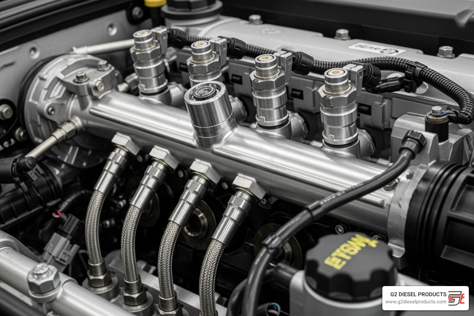 A detailed view of a modern diesel engine common rail system, highlighting the high-pressure fuel rail and injectors.