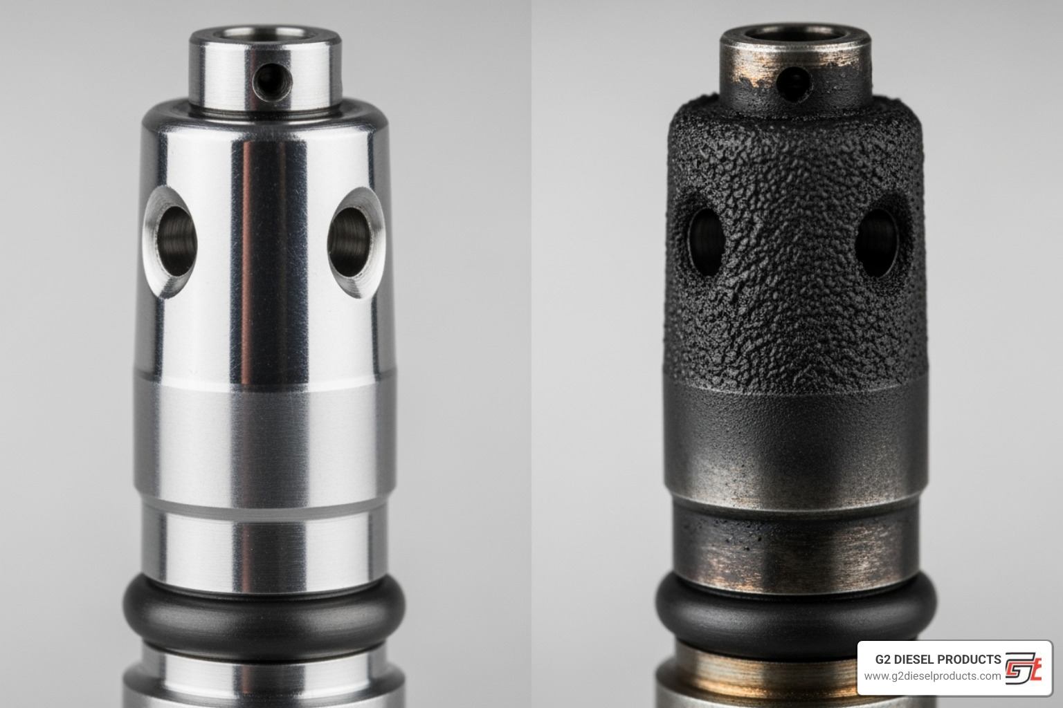Image showing a comparison between a clean fuel injector tip and one clogged with carbon deposits. - diesel engine common rail