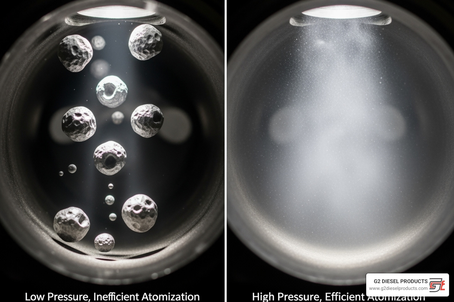 Image comparing poor fuel atomization (large droplets) with the fine mist of high-pressure common rail injection (small droplets) - diesel engine common rail