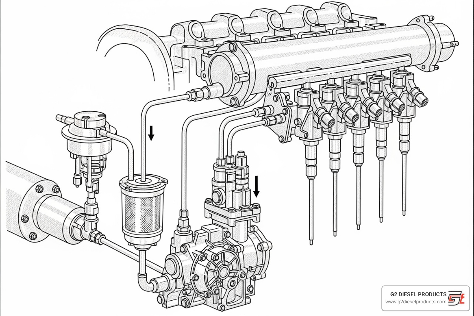 Detailed diagram of a common rail system with labels for the low-pressure pump, high-pressure pump, fuel filter, common rail, pressure sensor, ECU, and injectors. - diesel engine common rail