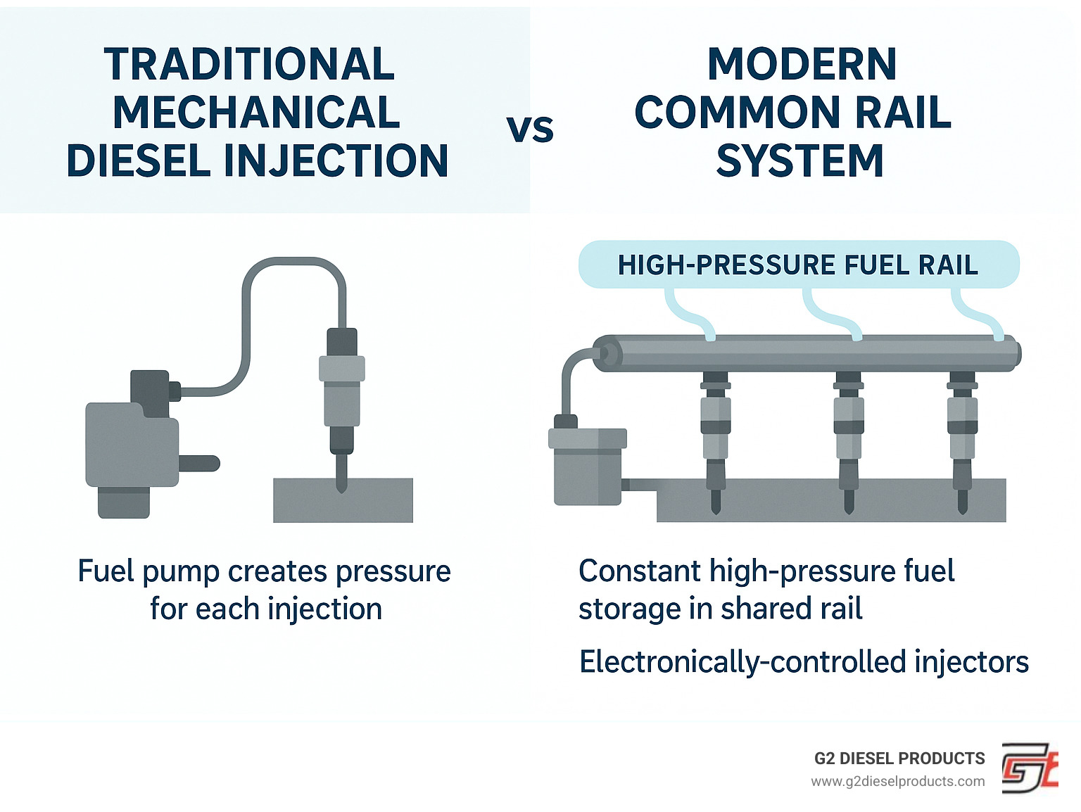 Infographic comparing traditional mechanical diesel injection system with fuel pumps creating pressure per injection cycle versus modern common rail system with constant high-pressure fuel storage in a shared rail feeding multiple electronically-controlled injectors - diesel engine common rail infographic