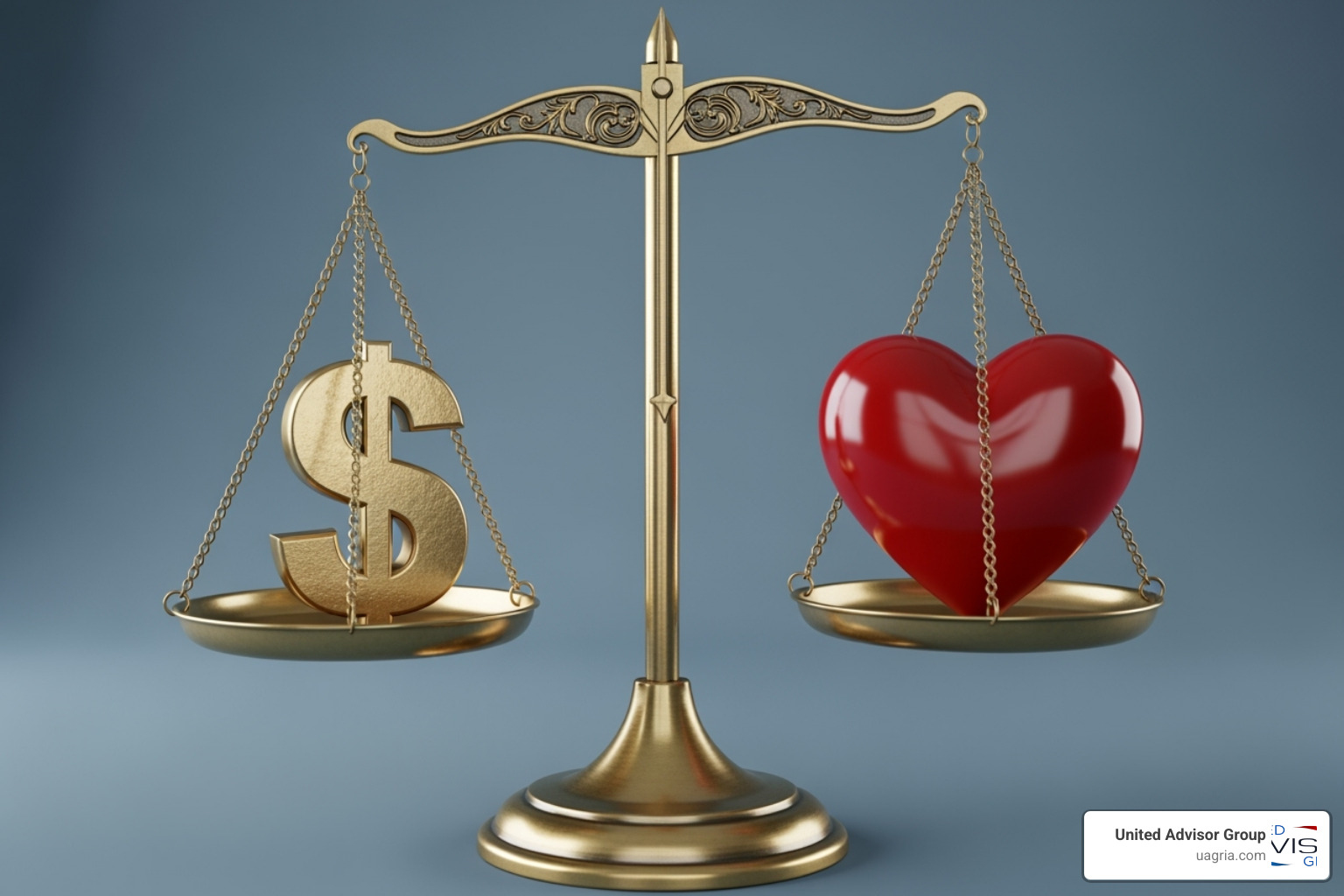scale balancing a dollar sign and a heart symbol perfectly - impact investing retirement