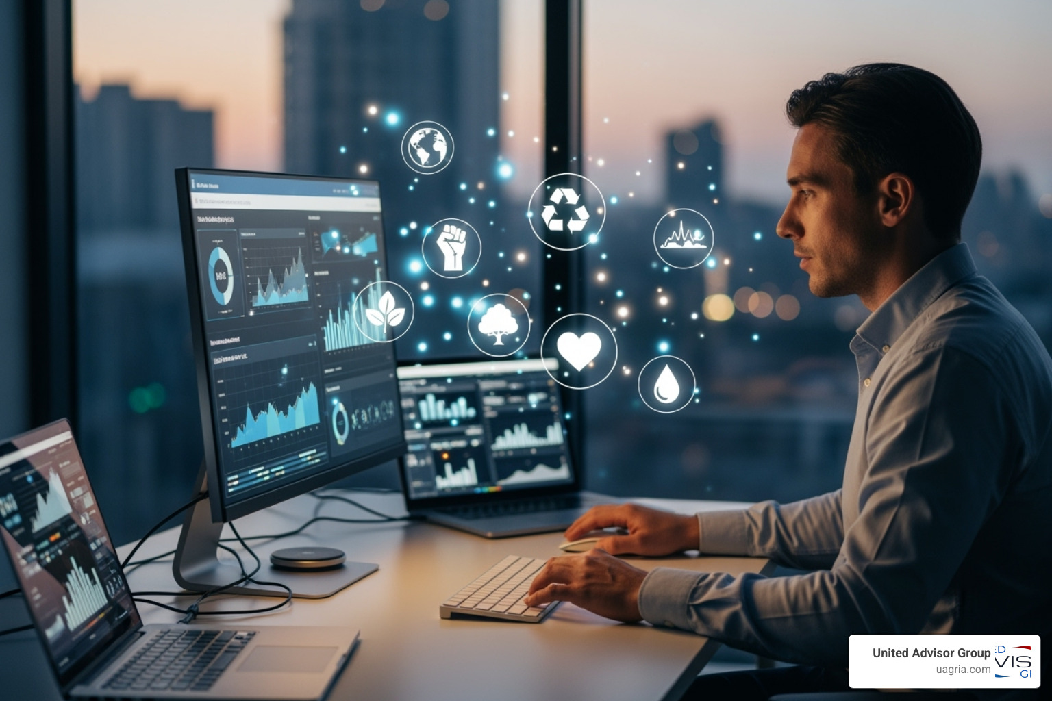 person at a desk looking at charts on a computer, with icons of social and environmental causes floating around - impact investing retirement
