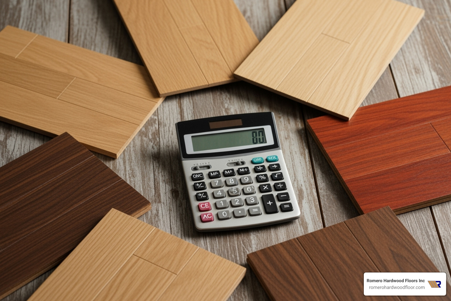 Calculator and wood floor samples on a table - hardwood floor repair company