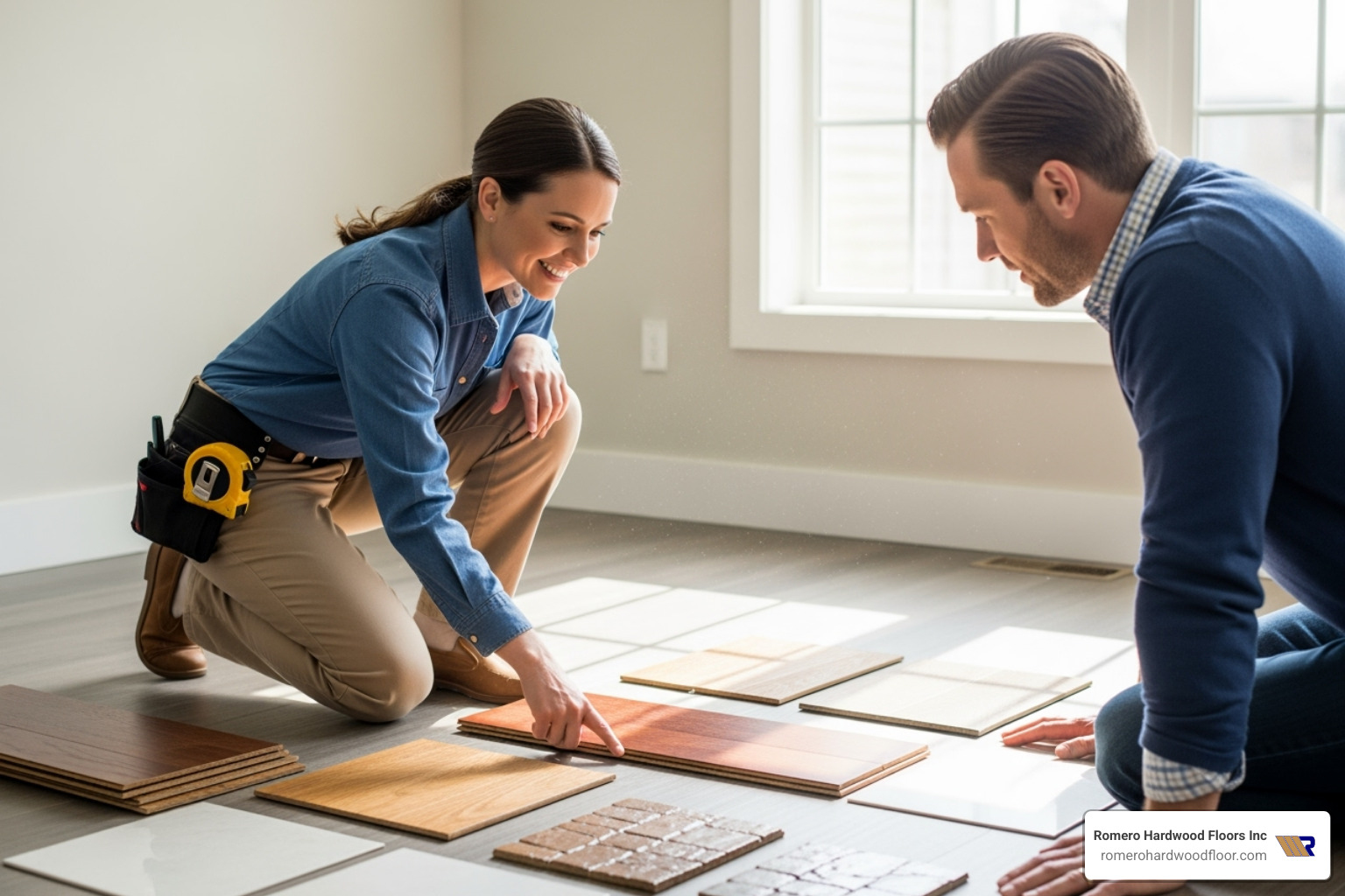 Friendly contractor discussing flooring options with a homeowner - hardwood floor repair company