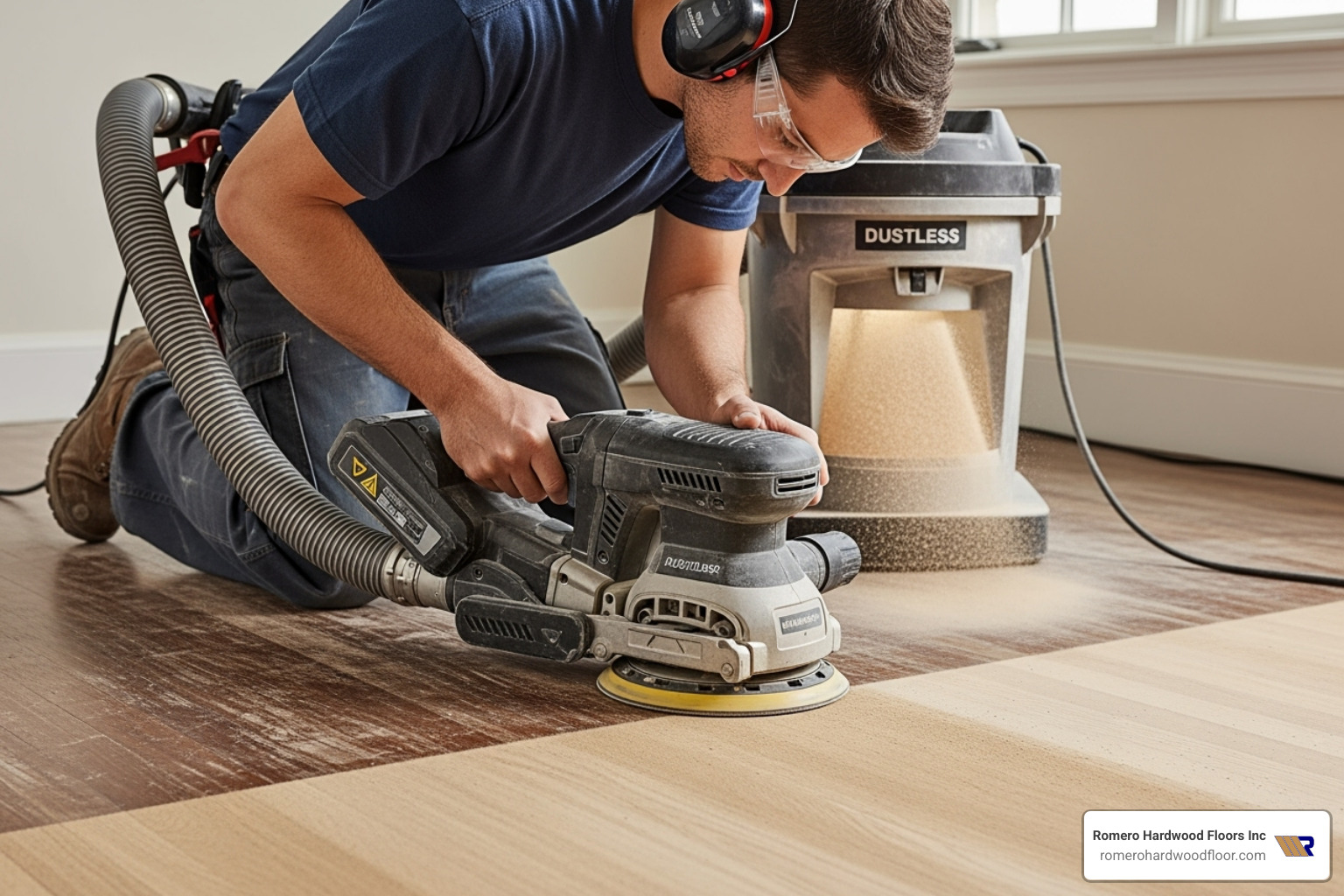 Professional using a dustless sander on a hardwood floor - hardwood floor repair company