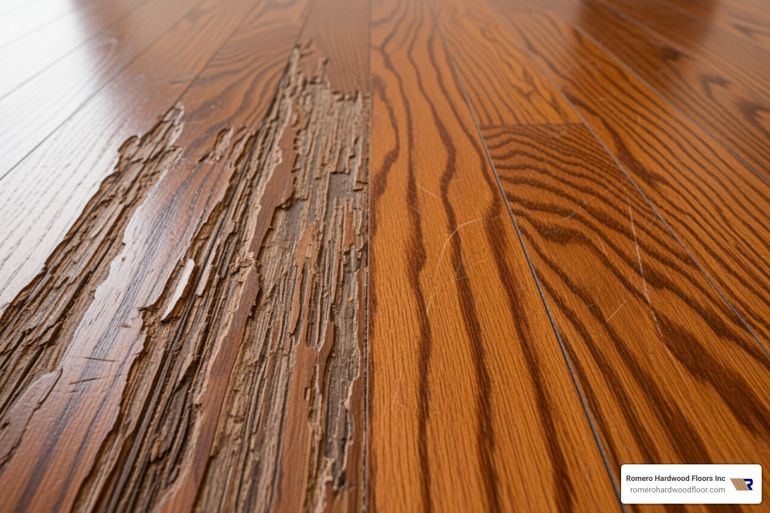 Severely damaged floor section next to a section with minor scratches - hardwood floor repair company