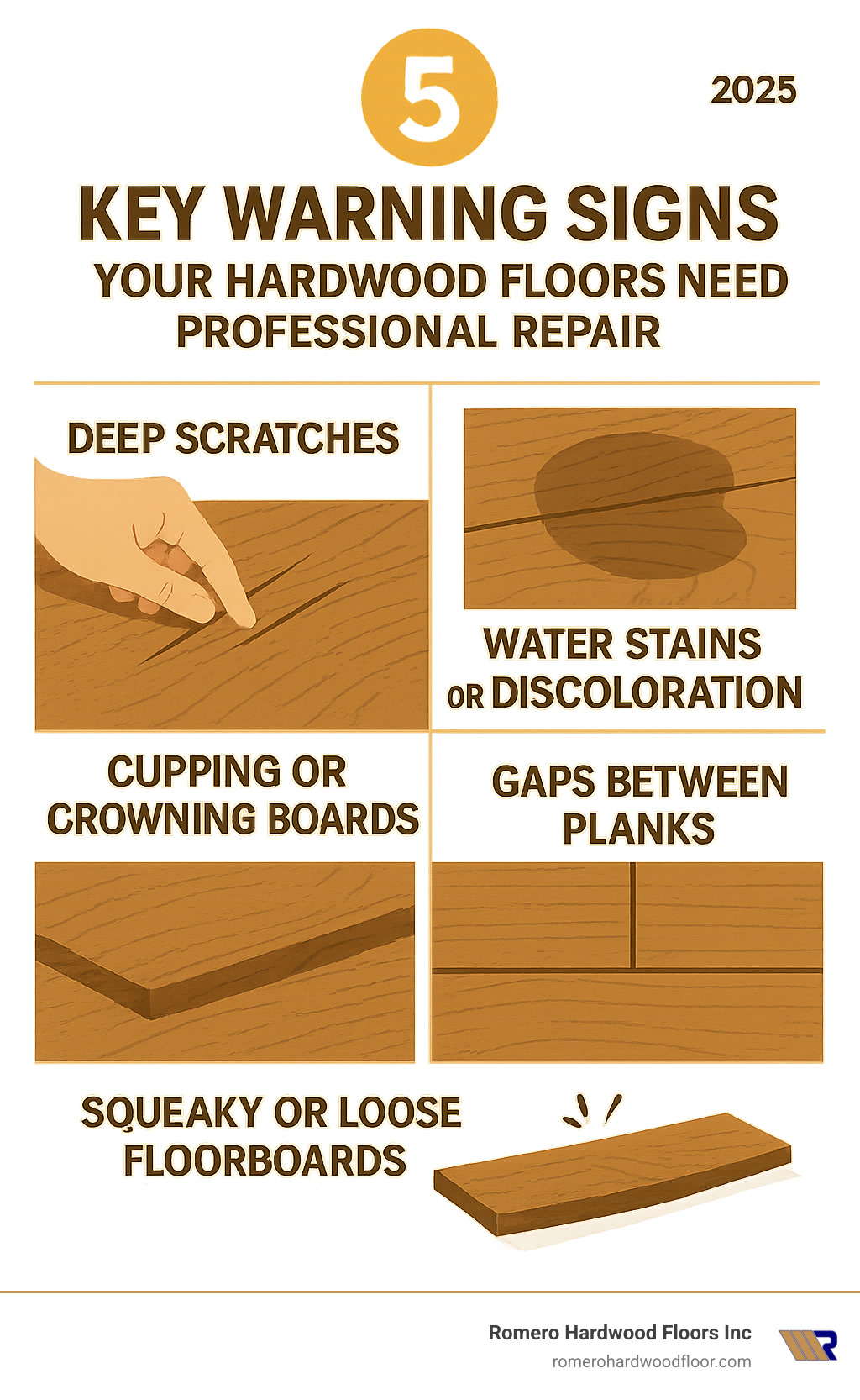 Infographic showing the 5 key warning signs your hardwood floors need professional repair: deep scratches that catch your fingernail, water stains or discoloration, cupping or crowning boards, gaps between planks, and squeaky or loose floorboards, with visual indicators for each type of damage - hardwood floor repair company infographic 