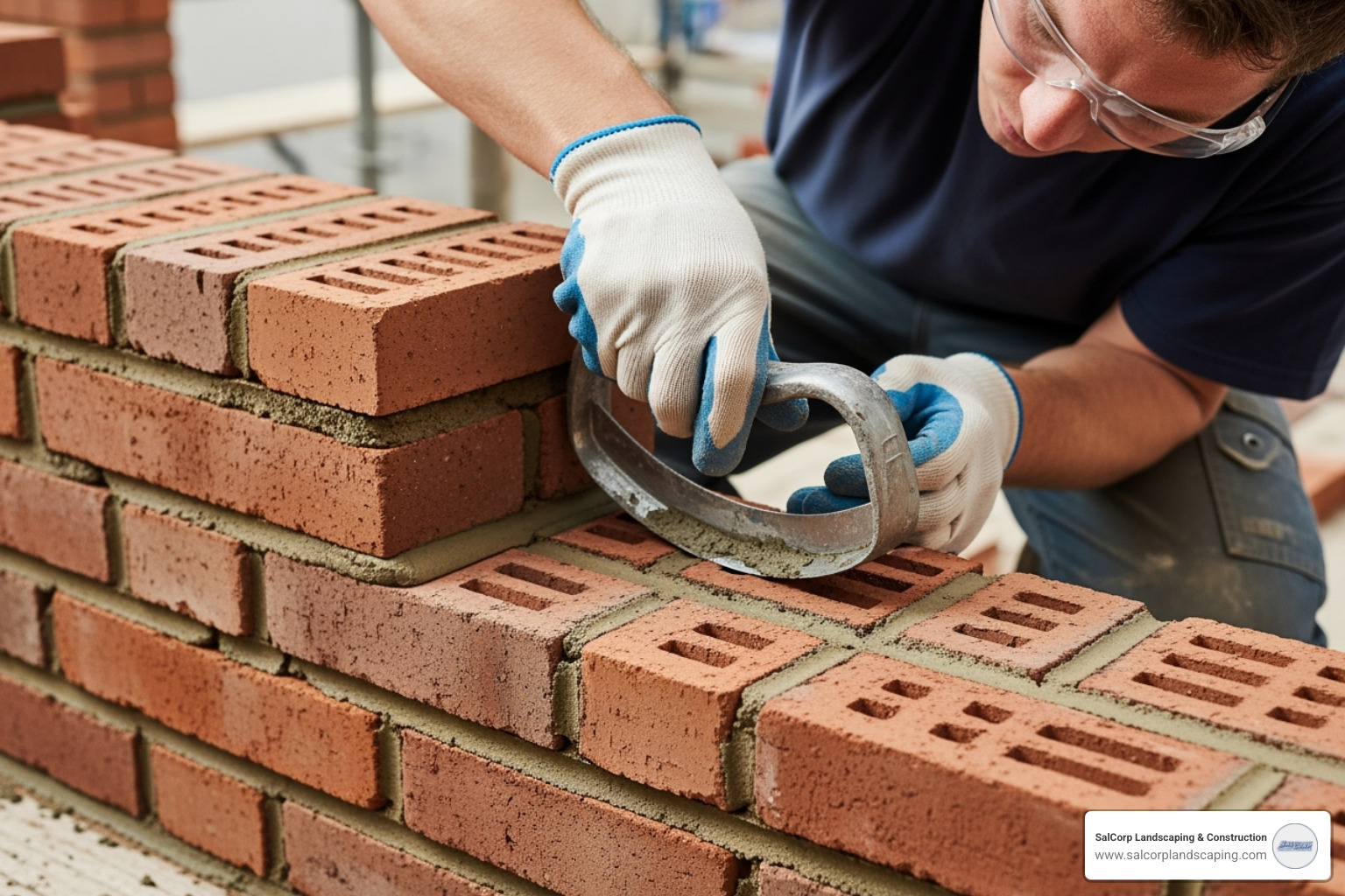 mason using a jointing tool to smooth mortar joints - building brick stairs