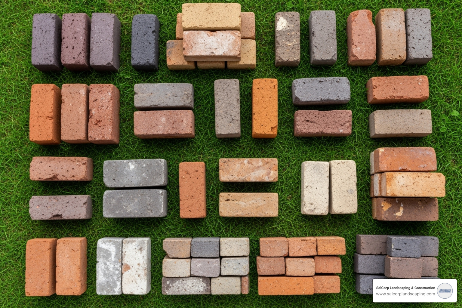 different brick colors and textures laid out on grass - building brick stairs