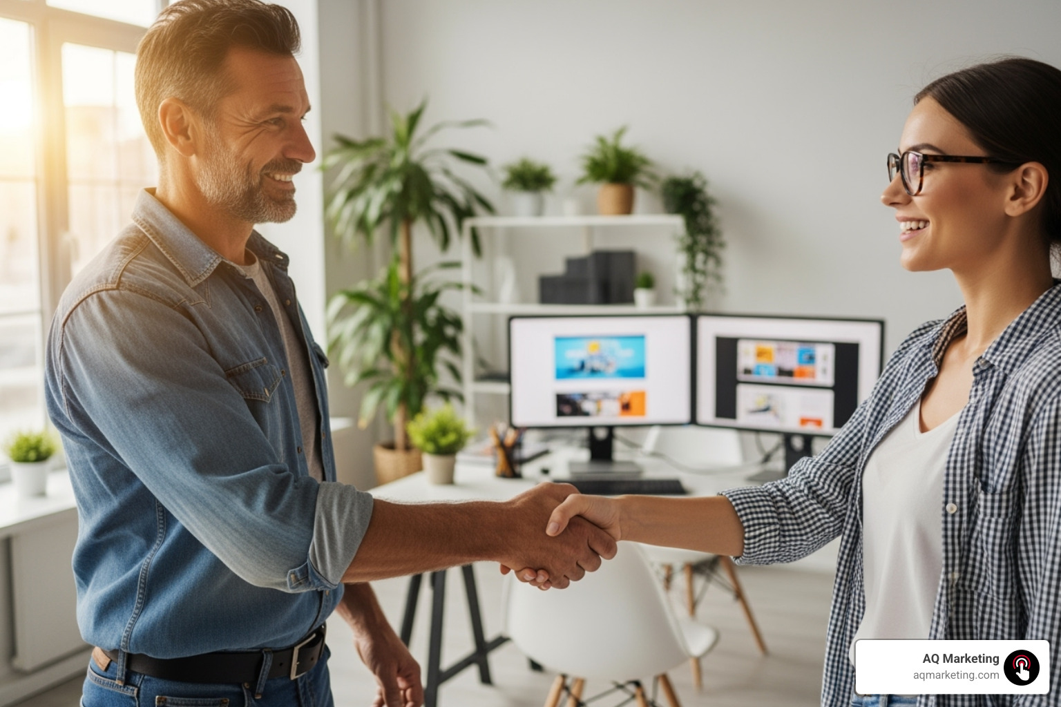 contractor shaking hands with web designer - contractor website design services