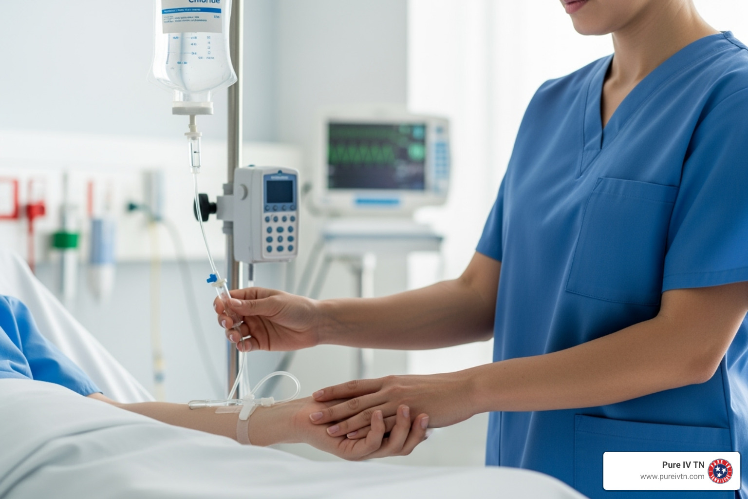 of a healthcare professional monitoring a patient's IV drip - hydration therapy