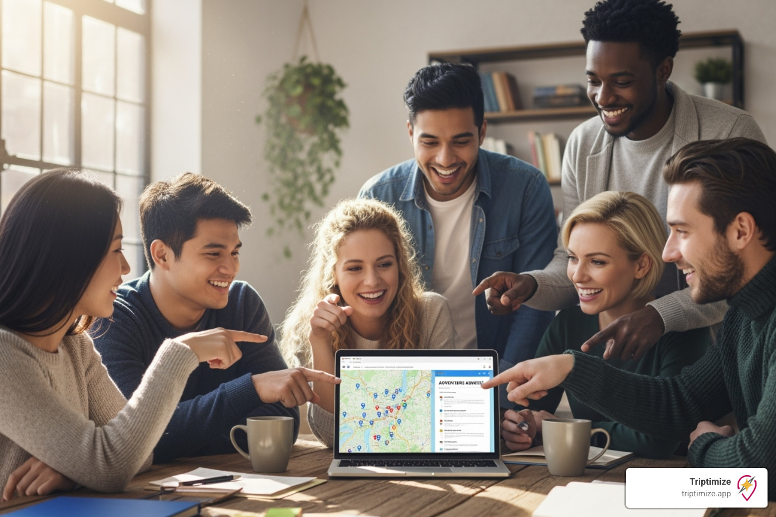 A diverse group of friends smiling and pointing at a laptop screen showing a shared travel plan, symbolizing effortless group and multi-destination travel planning. - AI trip planner