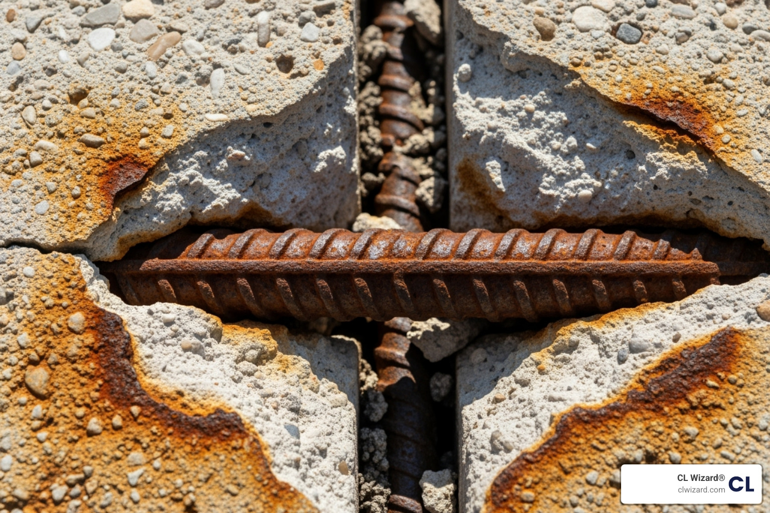 corroded rebar exposed by spalling concrete near an expansion joint - expansion joint waterproofing services