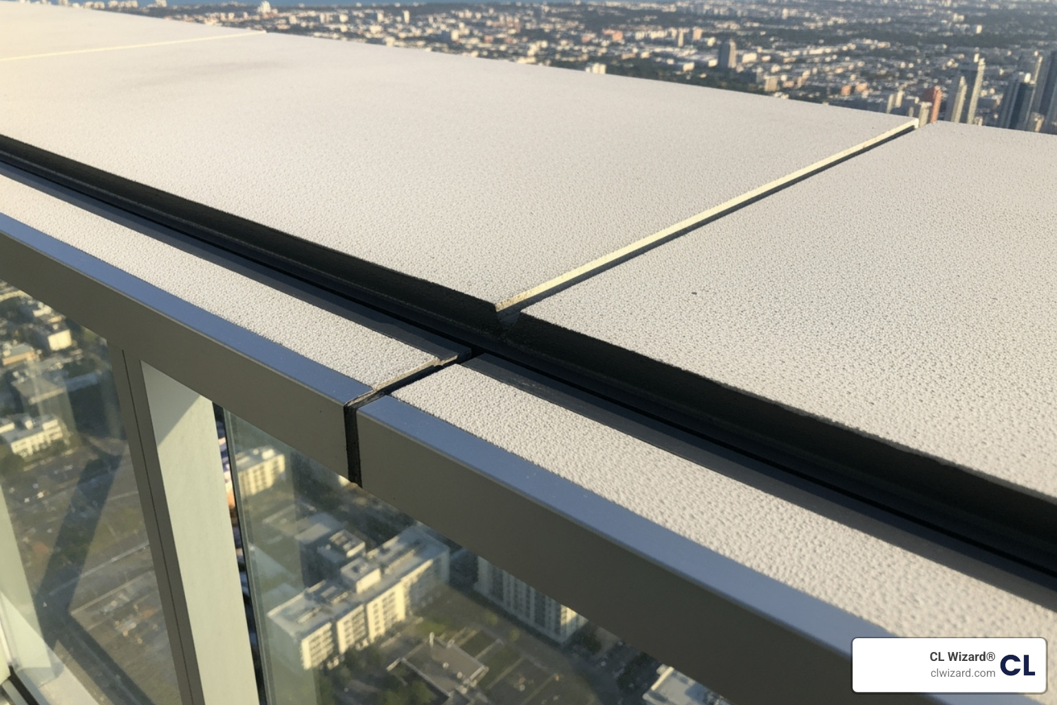 clean, perfectly sealed expansion joint on a high-rise condominium balcony - expansion joint waterproofing services