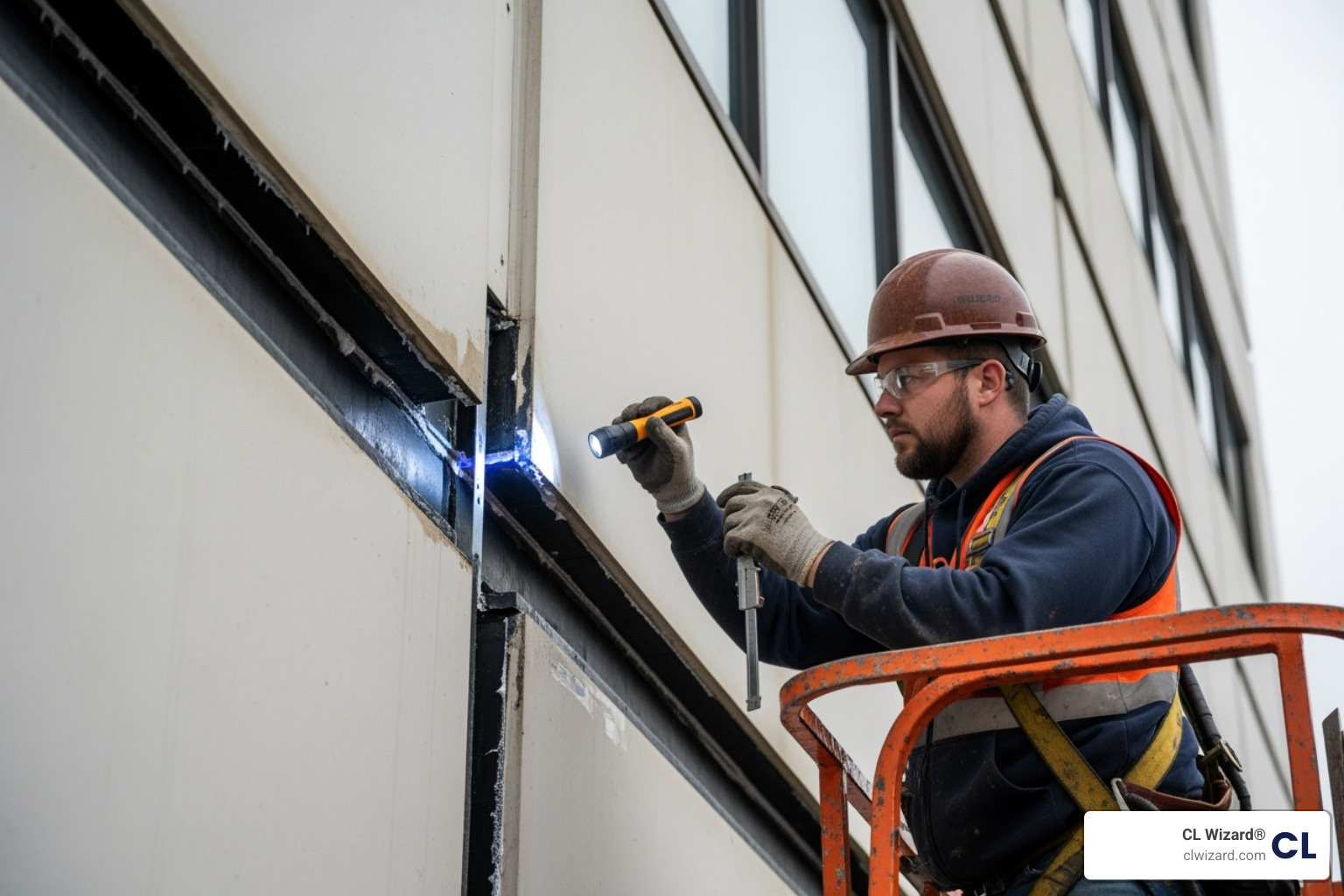 CL Wizard technician professionally inspecting a large expansion joint on a commercial building facade - expansion joint waterproofing services