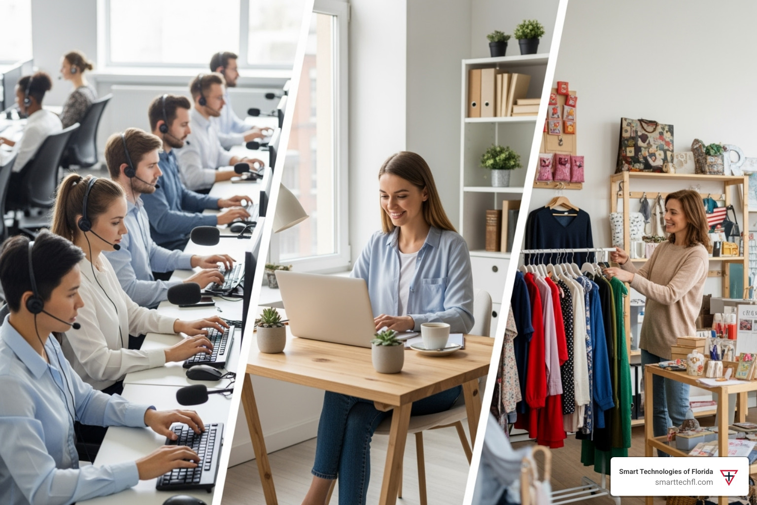 diverse business scenarios: a call center, a remote worker on a laptop, and a small retail shop - business voice over ip providers diverse business scenarios: a call center, a remote worker on a laptop, and a small retail shop - business voice over ip providers