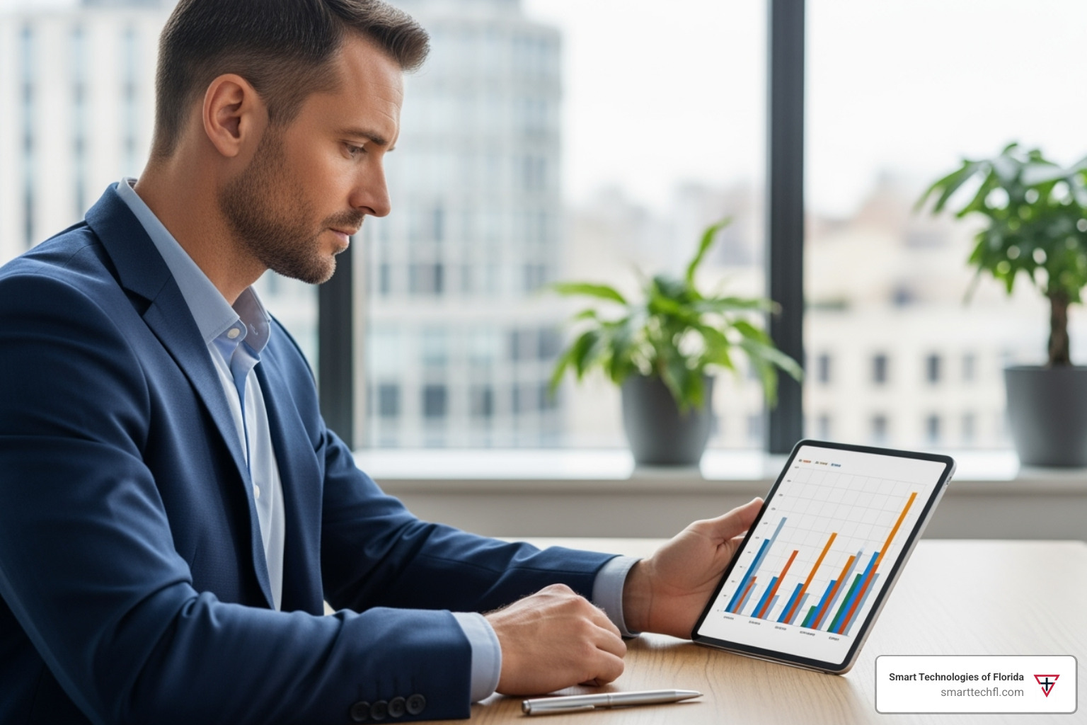 business owner looking thoughtfully at a comparison chart on a tablet - business voice over ip providers business owner looking thoughtfully at a comparison chart on a tablet - business voice over ip providers
